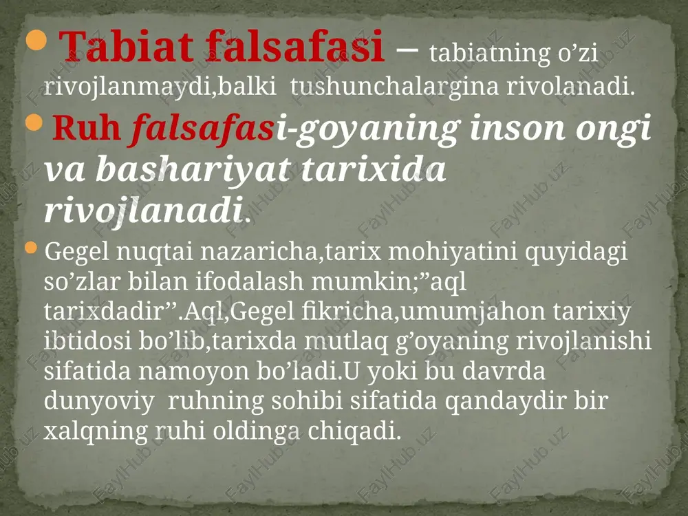 amchi asos va metafizik ibtidodir. iroda –bu yashash uchun bolgan iroda bolib xoxish –istaklarni qondirishga qaratilgan intilishdir.ana shu yerdan inson xatti-harakatining bosh xislati bolgan xudbinlik(egaizm) kelib chiqadi. xoxish istaklarni qondirishga bolgan intilish qoniqmaslikdan kelib chiqadi,demakki jafo va uqubatdan.xohish istaklarni qoniqtirish yangi istaklarni va yangi uqubatlarni keltirib chiqaradi.hayot “kotarib bolmaydigan ogir yuk”ka aylanib qoladi. shuning uchun ehtimol,kopincha afsus nadomat bilan aytiladigan hayotning qisqaligi aynan undagi eng yaxshi narsadir’’- deb xulosalaydi shopengauer. shopengauer falsafasi xix-asr oxiri xx-asrdagacha oz ta’sirini otkazdi. e’tiboringiz uchun raxmat! eater eeneaei nas esa erane earn risen nn parr orr aro s ekiaannees © © < < rra ran ra y ped rra les rd se saac s aen © rana a rican aoi goan icao * * *% evs evs oan ae me ase rs an an on er errno oes seravavvens ae lyudvig feyerbax (1804-1872) inson va uning ongi ham tabiat rivojining mahsulidir.idealizmni tangid qilib feyerbax borligq …