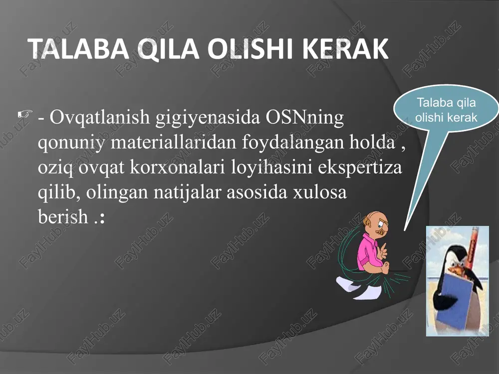 dbirlari o‘tkazilishini nazorat qiladi. shu maqsadda quyidagi vazifalarni bajaradi; yangi qurilayotgan oziq -ovqat korxonalarini qayerda qurilishini to‘g‘ri tashkil qilish . oziq- ovqat korxonalarini loyihalarini tuzishda san- gig normalari va qoidalariga amal qilgan holda bajarilishini ustidan nazorat olib borishga ahamiyat berish qurilish loyihasi bilan tanishish va kelishish ovqatlanish obye’ktlarini qurish uchun yer maydonini tanlash. xom ashyoni yangi turini qo‘llash ,chiqarilayotgan oziq ovqat maxsulotlari assortimenti va retseptlarini o‘zlashtirish . yangi qurilayotgan ,yangi ta'mirlangan ob'ektlarni ishga tushirishda sanitariya tekshiruvi standart texnologiya sharoitlarida oziq ovqat maxsulotlarini o‘rovchi materiallarni qayta ko‘rib chiqish. yangi turdagi chiqayotgan oziq ovqat maxsulotlarini idishlari tovar buyum jo‘natadigan qop , yashikni.qurilmalar xususiyatini o‘rganish. yangi turdagi pestitsidlarni yuvuvchi moddalarni ishlatishni tekshirish. oziq ovqat maxsulotlarini yangi ko‘rinishlarini ishlab chiqarish. ob'ektlarni qurish jarayonida tekshirib borish. “davlat sanitariya nazorati”xaqidagi nizom o‘zbekiston respublikasining №657\2 02. 07. 92y.ga asosan o‘tkaziladigan ogohlantiruvchi sanitariya nazorati ovqatlanish gigiyenasi shifokori ishini asosiy qismi xisoblanadi. ovqatlanish va oziq -ovqat maxsulotlari ishlab chiqarish …