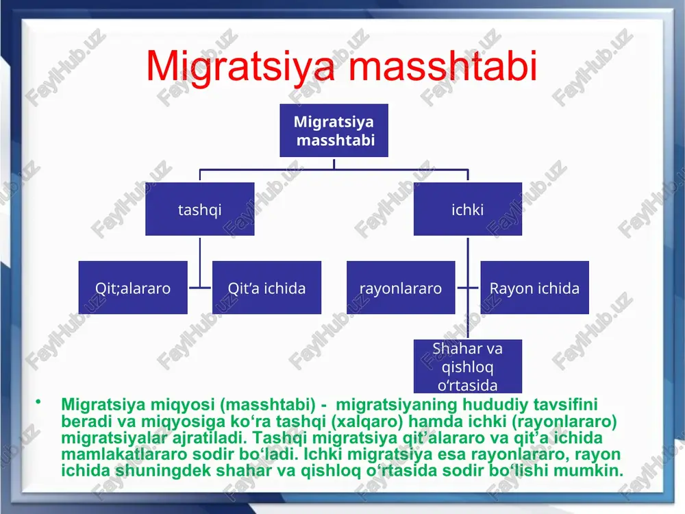 bu harakat janubiy amerikaga ham yo‘naldi. 1930 yillardagi yevropada siyosiy o‘zgarishlar yuz berishi oqibatida migrantlarning ko‘pchiligini siyosiy sabablar tufayli ko‘chayotganlar tashkil eta boshladi. 1918-1939 yillar mobaynida yevropadan 9 mln kishi chiqib ketdi. ii jahon urushidan keyingi migratsiyalar ikkinchi jahon urushi migratsion harakatlarning yangi yo‘nalishlarini yuzaga keltirdi. gitler germaniyasi asoratga solgan mamlkatlardan millionlab kishilarning qochishi, bosib olingan hududlardan kishilarning germaniyaga majburan olib ketilishi, sssr territoriyasida stalin repressiyasi tufayli butun boshli xalqlarning ko‘chirilishi bu migratsiyaning asosini tashkil etadi. ikkinchi jahon urushi davrida germaniyaga 4,5 mln dan ortiq kishi olib ketilgan, stalin buyrug‘i bilan ko‘chirilgan kishilarning soni esa 3,5 mln. ni tashkil etadi. urushdan keyingi yillarda yevropadan 5,4 mln kishi ko‘chib ketdi. migrantlarning ko‘chishiga asosan yangi yerlarda boylik orttirish va ish topish istagi sabab bo‘lgan. zamonaviy migratsiyalar hozirgi vaqtda emigrantlarning eng ko‘p oqimi meksika va filippinga to‘g‘ri keladi. meksikadan chiqqan emigrantlar soni 10 mlnga filippindan chiqqanlar soni 7.6 mln kishiga yetdi. halqaro migratsiya …