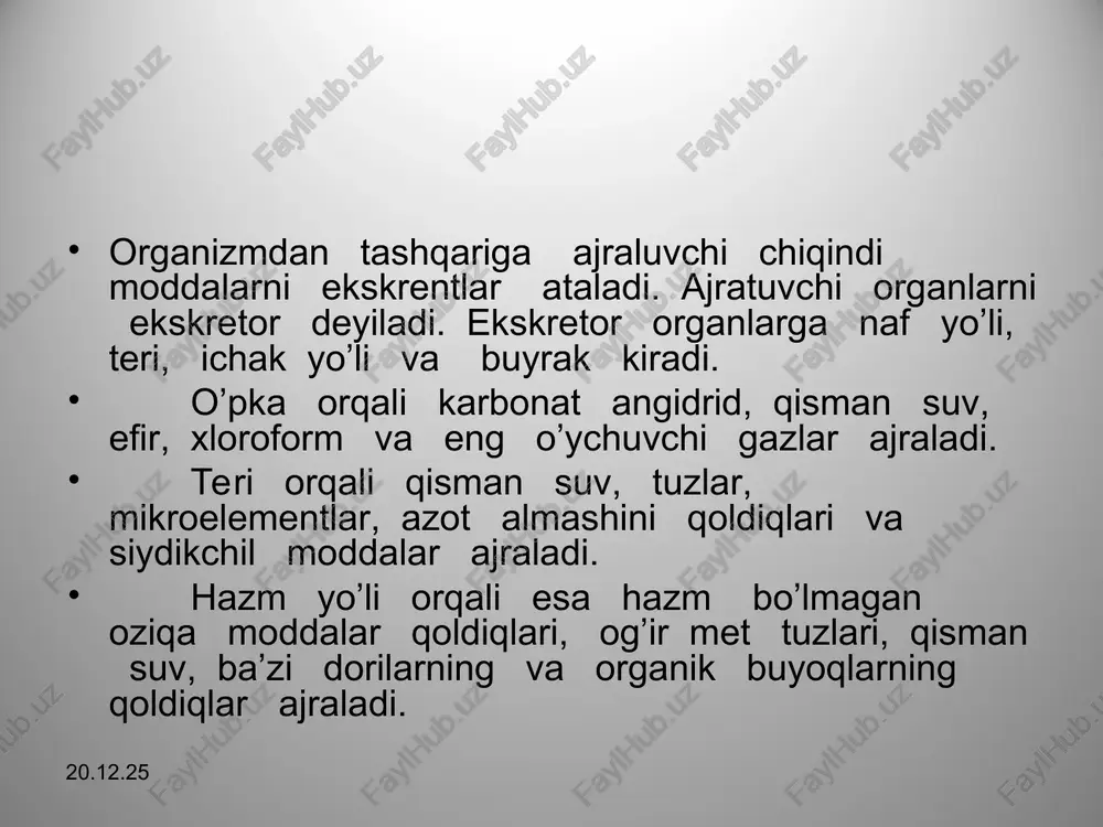 iah akti ixtiyoriy bo’lib qoladi. biroq tunda siydikni tuta olmaslik odati ba’zi bolalarda saqlanib qoladi. bu xodisa bola xayotining tug’ri tartibga solinmasligiga: uyqudan oldin ovqat eyishi, ko’p suyuqlik ichish sabab bo’lishi mumkin. tunda siydik tuta olmaslik o’g’il bolalarda qiz bolalardagiga nisbatan ko’prok kuzatiladi va 10 yoshdan keyin yoki balog'atga etish davrida barxam toladi. bolalarda siydik tuta olmaslik kasalini eniurez kasalligi deyiladi. * eniurez kasalligi tug’ma yoki xayotda orttirilgan bo’lishi mumkin. xayotga orttirilganlariga sabab ko’pincha buyrakni, qovuqni va siydik yo'llarini shamollashi bilan bog’liq bo’ladi. shuning uchun bolani yo’rgaklaganda, belaganda tagini ho’l bo’lib qolmaslik extiyot choralarini ko’rish zarur. * * teri – odam tanasini tashqaridan qoplangan a’zo bo’lib, u organizmni himoya qiladi va turli fiziologik faoliyatni bajaradi. terinig sathi odamning yoshi, jinsiga qarab 1,5 – 2,0 m2 chamasida, o’rta xisobda 1,73 m2 bo’ladi. uepidermie, derma va teri osti, yog’ qatlamlaridan iborat. teri qon, limfa tomirlari va nerv uchlariga boy. organizmning ba’zi a’zo …