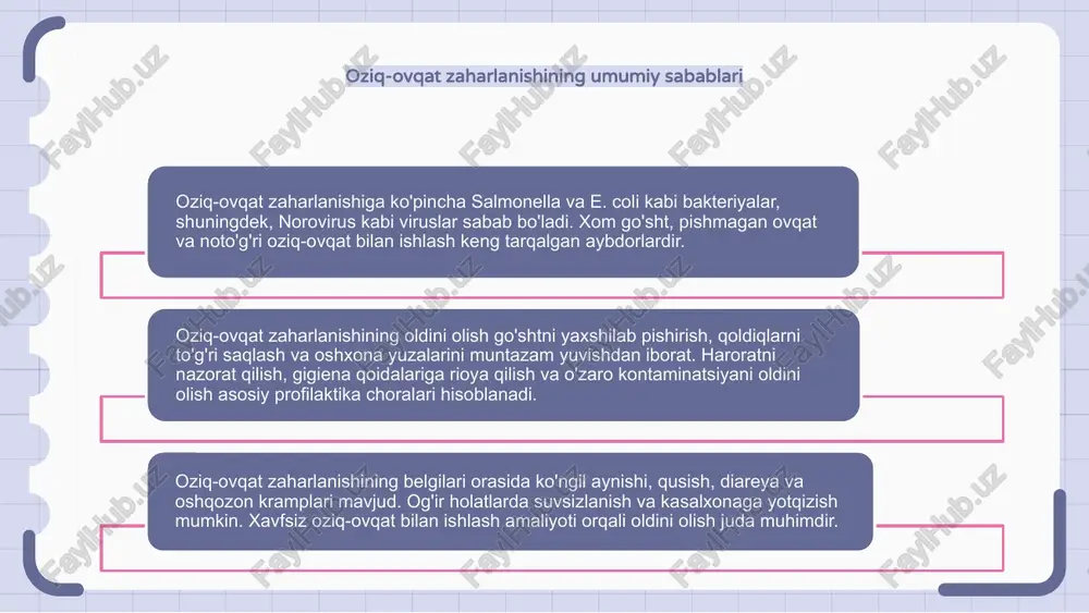 kli haroratda pishirish kiradi. oziq-ovqat zaharlanishining oldini olishning asosiy usullaridan biri xom go'shtni boshqa oziq-ovqatlardan alohida saqlash orqali o'zaro kontaminatsiyani oldini olishdir. sovutgich va to'g'ri saqlash ham zararli bakteriyalarning ko'payishini oldini olishga yordam beradi. gigiena va oziq-ovqat xavfsizligi qoidalariga rioya qilgan holda, odamlar oziq-ovqat orqali yuqadigan kasalliklar xavfini kamaytirishi va xavfsiz va sog'lom ovqatlardan bahramand bo'lishlari mumkin. o'zingizni va boshqalarni ushbu muhim texnikaga o'rgatish juda muhimdir. ovqat tayyorlashda haroratni nazorat qilish oziq-ovqat bilan bog'liq kasalliklarning oldini olishda haroratni to'g'ri nazorat qilish juda muhimdir. o'zaro kontaminatsiyani oldini olish va oziq-ovqatning to'g'ri haroratda pishirilishini ta'minlash bakteriyalarning ko'payishini oldini oladi. xavfsizligini ta'minlash uchun tez buziladigan narsalarni zudlik bilan va to'g'ri saqlash sharoitlarida sovutib qo'ying. zararli bakteriyalarni yo'q qilish uchun eritish, marinadlash va pishirish bo'yicha ko'rsatmalarga rioya qiling. oziq-ovqat zaharlanishining oldini olish uchun oziq-ovqatning xavfsiz haroratlarda saqlanishi va tayyorlanishini kafolatlash uchun muzlatgichlar, muzlatgichlar va pishirish moslamalarining haroratini muntazam tekshirib turing va kuzatib boring. oziq-ovqat …