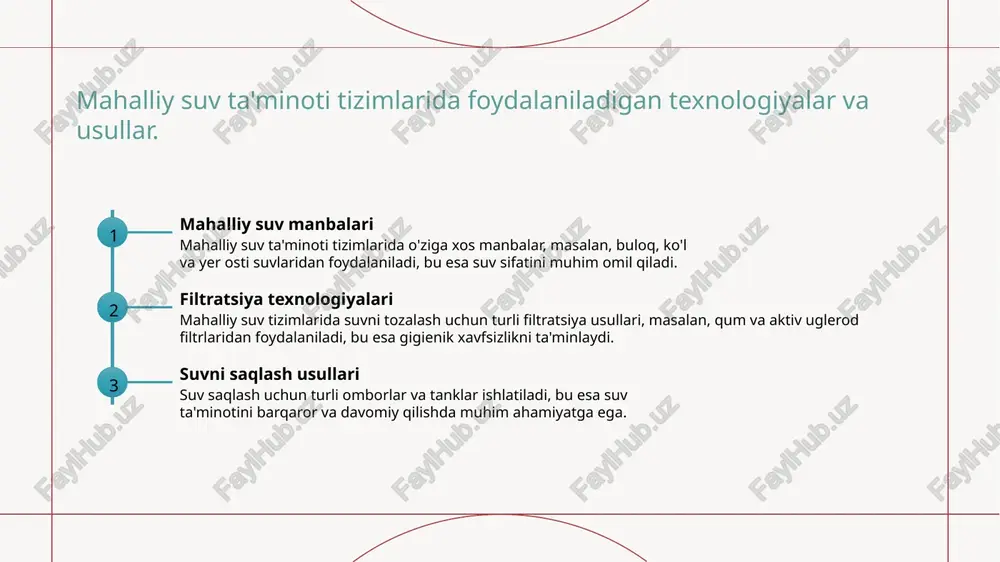 i. o'zbekistonda, toza suvga kirish sog'liq muammolarini kamaytiradi. 3 ekologik ta'sir sanitariya normalariga mos keladigan suv manbalari, ekologik muvozanatni saqlashda muhim rol o'ynaydi. bu, nafaqat salomatlik, balki atrof-muhitni ham himoya qiladi. xulosa 1 mahalliy va markazlashgan tizimlar mahalliy va markazlashgan suv ta'minoti tizimlari o'rtasida farqlar mavjud. har ikkala tizimning o'ziga xos afzalliklari va kamchiliklari bor. 2 gigiena va sog'liqni saqlash suv ta'minoti tizimlarining gigienik ahamiyati sog'liqni saqlashda muhim rol o'ynaydi. toza suv ta'minoti aholi salomatligini yaxshilaydi va kasalliklardan himoya qiladi. 3 muammolar va yechimlar o'zbekistondagi suv ta'minoti tizimlarida mavjud muammolarni hal qilish uchun innovatsion echimlar zarur. ular ekologik barqarorlik va ijtimoiy rivojlanishni ta'minlaydi. e'tiboringiz uchun rahmat! /docprops/thumbnail.jpeg ‘mahallyvamstharlashgn str tamivothagide ‘choke uboningsigend shea
