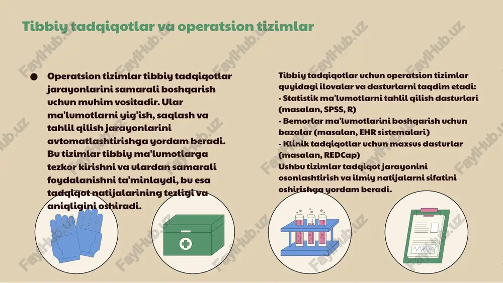 i:** mikroskoplar, analizatorlar va centrifugalar tadqiqot jarayonida namunalarni tayyorlash va tahlil qilishda muhim rol o'ynaydi. masalan, mikroskoplar hujayra tuzilishini o'rganishda, analizatorlar esa qon yoki boshqa suyuqliklarning kimyoviy tahlilini o'tkazishda qo'llaniladi. - **namunalar:** biologik materiallar, masalan, qon, to'qimalar yoki hujayralar tadqiqotlar davomida o'rganiladi. ular laboratoriyada o'zgarishlarni kuzatish va kasalliklarning sabablari haqida ma'lumot olish uchun ishlatiladi. - **ma'lumotlar bazalari:** tadqiqot natijalarini saqlash va boshqarish uchun ishlatiladi. ma'lumotlar bazalari tadqiqot natijalarini tahlil qilish va kelajakdagi tadqiqotlarda foydalanish uchun muhimdir. ular tadqiqot jarayonida, ma'lumotlarni yig'ishda va tahlil qilishda yordam beradi, shuningdek, operatsion tizimlar bilan integratsiyalashib, ma'lumotlar xavfsizligini ta'minlaydi. laboratoriya uskunalari va vositalar laboratoriya uskunalari va vositalari tibbiy biologik tadqiqotlar jarayonida muhim rol o'ynaydi. ular tadqiqotlarning aniqligini, samaradorligini va natijalarining ishonchliligini ta'minlaydi. ushbu uskunalar yordamida tadqiqotchilar biologik namunalarni o'rganib, analizlar o'tkazadilar va ma'lumotlarni yig'adilar. masalan, mikroskoplar hujayralarni va ularning strukturasini o'rganish uchun ishlatiladi, bu esa tadqiqotlar natijasini yaxshilaydi. misollar: 1. mikroskop - hujayralarni va ularning …