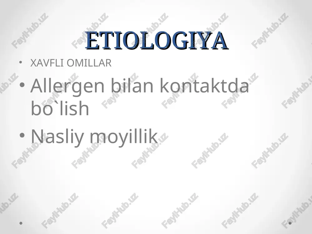 bronxodilatatorlar –ingalyasion b2-agonistlar 2 pog`ona engil persistirlovchi astma lozim bo`lganda (lekin kuniga 3-4 martadan kam): qisqa vaqt ta'sir etuvchi bronxodilatatorlar - ingalyasion 2-agonistlar har kuni: ·ingalyasion kortikosteroidlar 800-2000 mkg; · uzoq vaqt ta'sir etuvchi bronxodilatatorlar, ayniqsa tungi simptomlarla: ingalyasion 2-agonistlar yoki teofillinlar, yoki 2-agonistlar tabletkalarda yoki siropda 3 pog`ona. o`rta darajadagi persistirlovchi astma har kuni: · ingalyasion kortikosteroidlar, 800-2000 mkg va undan ortiq; · uzoq ta'sir etuvchi bronxodilatatorlar: ingalyasion betta2-agonistlar yoki teofillinlar va/yoki betta2-agonistlar tabletkalarda yoki siropda; · uzoq vaqtga peroral kortikosterodlar 4 poqona. og`ir persistirlovchi astma xuruj davrida qo`llaniladigan dori vositalari pog`ona xuruj davrida qo`llaniladigan dori vositalari lozim bo’lganda: qisqa vaqt ta'sir etuvchi bronxodilatatorlar - ingalyasion 2-agonistlar kromoglikatnatriy va nedokromil natriy yengil ba ni davolashda asosiy o`rinni egallaydi. o`rtacha og`ir va og`ir kechishida samara kam. mazkur moddalar surunkali yalig`lanishda allergik reaksiyani ingibirlaydi va bronxning giperreaktivligini kamaytiradi kortikosteroidlar ba ni davolashda yallig`lanishga qarshi samarali modda hisoblanadi. araxidon kislotasi metabolizmga, leykotrienlar …