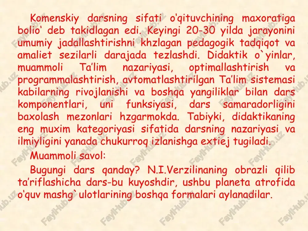 irish. 5. mavzuni utishda foynanaladigan texnika vositalari sozligi­ga kursatiladigan tajribvalarni anik qilib ko`rib, thrililigiga ishonch xosil kilgandan keyin darsga maqsad quyiladi. 6. qo’shib o’qitish uslublarining obtimal birikmasini tanlaydi. 7. o‘quvchilarning darslarda umumsinf guruxiy va indevidual o‘quv ishlarini uyushtirish shakillarini rotsional birikmasini tanlab, mustao‘il fikrlashga kayta etibor beradi: a) dars mavzusi; b) dars maqsadi; v) dars strukturasi, anki nimalar o‘ilish belgilanadi; g) tajribalar va dars uchun kurgazmali kurollarni qaysi payitda kursatilishi belgilanadi; d) darsni xar bir etapiga vaqt belgilanadi; e) darsni utish uchun barcha jixozlar eziladi. 8. ukitishning tanlangan varianti samaradorligini baxolaydi. biz bir soatlik darsga o‘qituvchini taergarligi haqida gapirdik. shunday darslar borki, ularga aloxida va jiddiy taergar­lik ko`rish kerak. bunday darslardan biri - muammoli darslardir. rossiya ta’lim akademiyasi (rao) haqiqiy a’zosi v.v.kraevskiy tomonidan ilgari surilgan konsepsiyada qayd etilishicha, ta’limning asosiy ijtimoiy vazifasi ajdodlar tomonidan to‘plagan tajribalarni avlodlvrga uzatish hisoblanadi. mazkur konsepsiya mazmunida ta’lim mazmuni quyidagi to‘rtta tashkiliy elementlardan iborat bo‘ladi: …