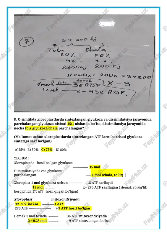 8) d vitamin bilan davolab bo‘lmaydigan raxit. a)1,3,5b)2,6,8c)4,5,7d)1,3,4 17. to‘rt kamerali yurak, ikki bo‘lmali oshqozonga ega bo‘lgan organizmlarni aniqlang. 1) bushuyev; 2) zagorsk; 3) shortgorn; 4) simmental; 5) plimatrok; 6) pervomaysk. a)1,3,4b)2,5,6c)1,2,5d)2,3,6 18. odam organizmidagi timozin garmoniga xos bo‘lgan xususiyatlarni aniqlang? a) organizmda pigment almashinuvni boshqaradi; b) jinsiy bezlarni funksiyasini pasaytiradi; c) limfosit hosil bo‘lishini kuchaytiradi va immunitetni oshiradi; d) qon tomirlarini toraytirib, qon bosimini oshiradi; e) organizmda kalsiy-fosfor almashinuvini boshqaradi; f) bolalar o‘sishiga ijobiy ta’sir ko‘rsatadi. a) d, e, c b) b, c, f c) a, d, e d) a, b, f 19. odam organlar sistemasining kasalliklari to‘g‘ri ko‘rsatilgan javobni aniqlang. 1) hazm qilish; 2) ichki sekretsiya; 3) nafas olish; 4) qon aylanish a) 1-enterit; 2-ganglionit; 3-faringit; 4-gipertoniya b) 1-kolit; 2-tireotoksikoz; 3-nevrit; 4-infarkt c) 1-entarit; 2-bazedov; 3-laringit; 4-ishemik d) 1-salmonellyoz; 2-tetaniya; 3-laringit; 4-nefrit 20. organizmlarning ko‘payish va rivojlanish jarayoni bilan bog‘liq bo‘lgan to‘g‘ri ma’lumotlarni aniqlang. 1) qirg‘ovulning tuxumdan chiqqan …