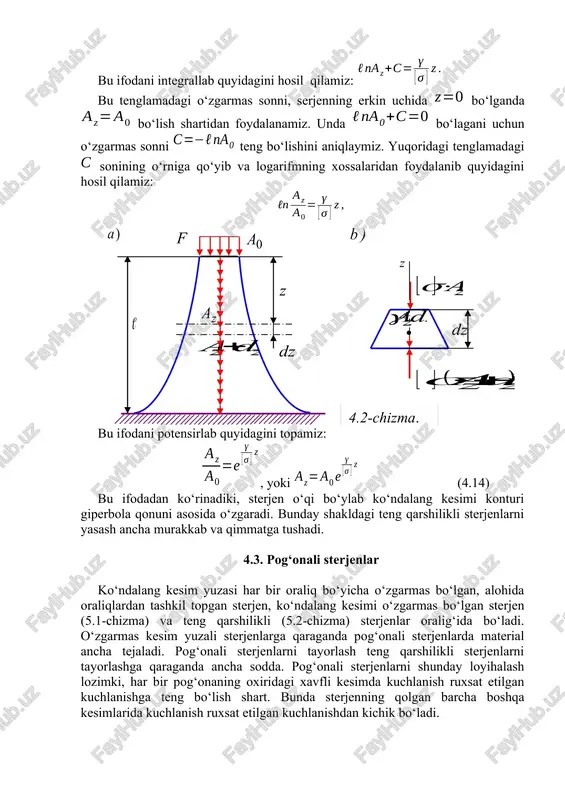 g bo‘lish shart. bunda sterjenning qolgan barcha boshqa kesimlarida kuchlanish ruxsat etilgan kuchlanishdan kichik bo‘ladi. pog‘onali sterjen ko‘ndalang kesim yuzasini tanlash formulalarini tuzamiz (4.3-chizma). birinchi pog‘onaning ko‘ndalang kesim yuza (1.5) formuladan topamiz: (4.15) ikkinchi pog‘onaning pastki uchiga ta’sir qilayotgan kuch ga teng bo‘ladi. unda ikkinchi kesimning yuzi quyidagi formuladan aniqlanadi: . (4.16) yuqoridagi (3.2) formulaga asosan uchinchi pog‘onaning kesim yuzini quyidagicha ifodalaymiz: . (4.17) serjenning chi pog‘onasi kesim yuzasini aniqlovchi formula quyidagicha ifodalanadi: (4.18) agar sterjen pog‘onasi uzunliklari bir-biriga teng bo‘lsa , unda (3.4) formula quyidagicha bo‘ladi: (4.19) bu erda sterjenning pog‘onalari soni; - sterjenning umumiy uzunligi. image4.wmf image49.wmf oleobject49.bin image50.wmf oleobject50.bin image51.emf oleobject51.bin image52.wmf oleobject52.bin image53.wmf oleobject53.bin oleobject4.bin image54.wmf oleobject54.bin image55.wmf oleobject55.bin image56.wmf oleobject56.bin image57.wmf oleobject57.bin image58.wmf oleobject58.bin image5.wmf image59.wmf oleobject59.bin image60.wmf oleobject60.bin image61.wmf oleobject61.bin oleobject5.bin image6.wmf oleobject6.bin image7.wmf oleobject7.bin image8.wmf oleobject8.bin image9.wmf oleobject9.bin image10.wmf oleobject10.bin image11.wmf oleobject11.bin image12.wmf oleobject12.bin image13.wmf oleobject13.bin image14.wmf oleobject14.bin image15.wmf oleobject15.bin image16.wmf oleobject16.bin image17.wmf …