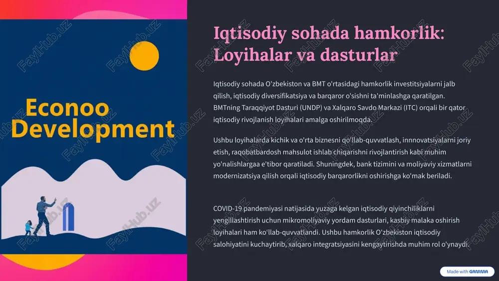 ilmoqda — iqtisodiy o‘sish, ijtimoiy barqarorlik, ekologik muhofaza, sog‘liqni saqlash va ta'lim sohalarida. o'zbekiston hukumati bmt standartlari va tavsiyalariga asoslangan milliy strategiyalarni ishlab chiqmoqda hamda amalga oshirmoqda. energiya samaradorligini oshirish, qashshoqlikni kamaytirish, ayollar va yoshlarning ijtimoiy faolligini oshirish ustuvor vazifalar sifatida qaralmoqda. bmt bilan hamkorlik bu maqsadlarni tizimli ravishda boshqarishga yordam beradi, shuningdek, xalqaro tajriba va moliyalashtirish imkoniyatlarini jalb etadi. 7 o'zbekistonning bmt tuzilmalari bilan aloqalari: unicef, undp va boshqalar o'zbekiston bmtning turli agentliklari va dasturnari bilan samarali aloqalarda bo'lib, ularning faoliyatiga doimiy ko'mak ko'rsatadi. xususan, unicef bolalar himoyasi va ta'lim sohasida, undp esa iqtisodiy rivojlanish va ijtimoiy barqarorlikda muhim rol o'ynaydi. bmtning boshqa tuzilmalar, shu jumladan who, unep va fao kabi tashkilotlar bilan hamkorlik qishloq xo‘jaligi, sog‘liqni saqlash va atrof-muhitni muhofaza qilish loyihalarini amalga oshirishda davom etmoqda. ularning o'zaro integratsiyalashgan faoliyati o'zbekistonning ijtimoiy-iqtisodiy salohiyatini oshirishga katta ta'sir ko'rsatmoqda. ushbu hamkorlik nafaqat moliyaviy yordam, balki konsultatsiyalar, tajriba almashinuvi va xalqaro …