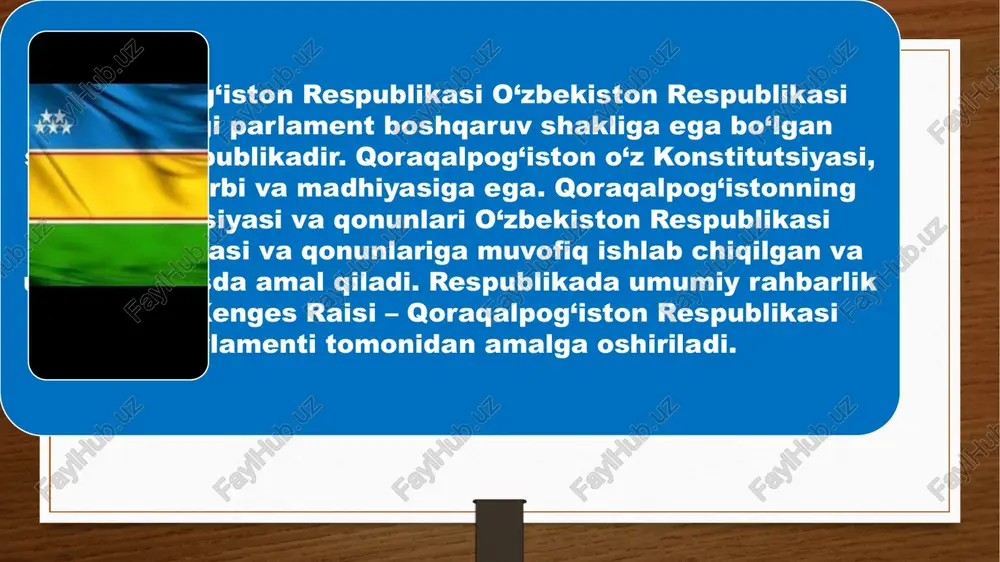 ksta obrazets teksta “ ” obrazets zagolovka obrazets teksta obrazets teksta obrazets zagolovka obrazets teksta vtoroy uroven tretiy uroven chetvertiy uroven pyatiy uroven obrazets zagolovka obrazets teksta vtoroy uroven tretiy uroven chetvertiy uroven pyatiy uroven obrazets zagolovka obrazets teksta vtoroy uroven tretiy uroven chetvertiy uroven pyatiy uroven mavzu : mustaqillik yillarida qoraqalpoģiston respublikasi mavzu : mustaqillik yillarida qoraqalpoģiston respublikasi guruh: tayyorladi: guruh: tayyorladi: qoraqalpog‘iston respublikasi o‘zbekistonning shimoli-g‘arbiy qismida, amudaryoning quyi qismi, orol dengizining janubiy sohilida joylashgan. respublika janubi-g‘arb tomondan qoraqum sahrosiga tutashgan. uning shimoli-g‘arbida ustyurt pasttekisligi, shimoli-sharqiy tomonida esa qizilqum sahrosi yastanib yotibdi. orol dengizining janubiy hududi qoraqalpoq zaminida joylashgan. qoraqalpog‘iston umumiy er maydoni 166,6 ming kvadrat kilometrdan iborat bo‘lib, u hududining kattaligi jihatdan o‘zbekiston respublikasi viloyatlari o‘rtasida birinchi o‘rinda turadi. respublikaning aholisi 1 881,9 ming kishidan ziyoddir. qoraqalpog‘iston respublikasi o‘zbekistonning shimoli-g‘arbiy qismida, amudaryoning quyi qismi, orol dengizining janubiy sohilida joylashgan. respublika janubi-g‘arb tomondan qoraqum sahrosiga tutashgan. uning shimoli-g‘arbida ustyurt …