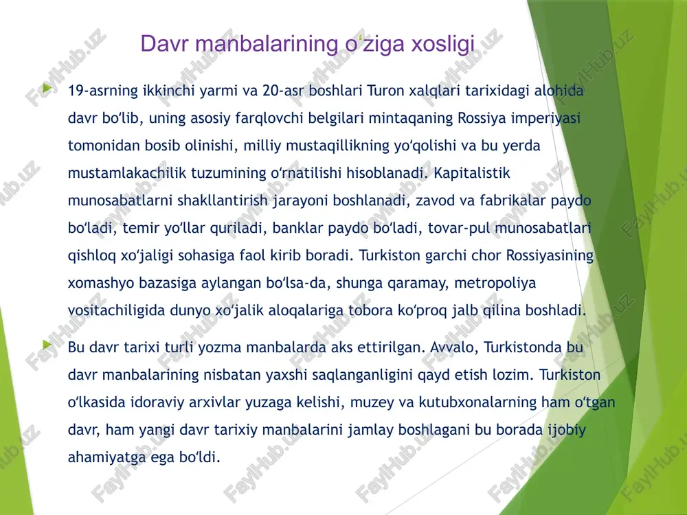 ston respublikasi milliy arxivida saqlanmoqda. oʻzbekiston milliy arxivi 19-asrda turkiston oʻlkasi general-gubernatori k.p.kaufman markazlashgan omborini yaratishga urindi, biroq muvaffaqiyatsizlikka uchradi. o‘zbekistonda arxivlar tarmog‘ini yaratish turkiston respublikasi markaziy ijroiya qo‘mitasining 1919-yil 5-noyabrdagi qarori bilan boshlandi. bu davrning tarixiy ahamiyati shundan iboratki, barcha tashkilot, muassasa va korxonalar hujjatlari davlat mulki deb e’lon qilindi, respublika yagona davlat arxivi fondi tashkil etildi. keyingi oʻnyilliklar oʻzbekistonda markaziy davlat va viloyat arxivlarining tashkil etilishi bilan ajralib turdi. arxivlar tarmog'i asta-sekin kengayib bordi. ikkinchi jahon urushining og‘ir yillarida arxiv ishi tarixida muhim voqea yuz berdi: birinchi ixtisoslashtirilgan saqlash arxivi – markaziy davlat kino, foto va fonohujjatlar arxivi tashkil etildi. ushbu voqea tufayli arxivda 1930-1940 yillardagi fotoxronika saqlanib qoldi va biz ulardan oʻsha davrdagi mamlakat va xalq hayoti haqida bilimlarga ega boʻlishimiz mumkin. oʻzbekiston milliy arxivi 1958 yilda oktyabr inqilobi markaziy davlat arxivi va markaziy davlat tarix arxivi negizida yagona oʻzbekiston markaziy davlat arxivi tuzilib, bir yildan soʻng …