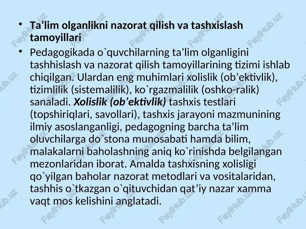 ohiyatini bilsa; b) o`qituvchining savollariga qiynalmasdan javob bera olsa; v) egal-langan bilimlarni amaliyotda qo`llay olsa; g) og`zaki javob berishda jiddiy xatolarga yo`l qo`ymasdan, o`qituvchining qo`shimcha savollari bilan xatolari-ni to`g`rilay olsa hamda yozma ishda uncha jiddiy bo`lmagan xatoga yo`l qo`ysa qo`yiladi. «3» baho qo`yiladi, agar: a) o`quvchi o`rganilgan mavzuni o`zlashtirgan, lekin mustaqil tushuntirib berishda o`qituvchining aniqlashtiruvchi savol-lariga ehtiyoj sezsa; b) savollarning mantiqiy tuzuilishini o`zgartirib berganda, javob berishga qiynalsa; v) yozma ishda xatolari bor bo`lsa. «2» baho qo`yiladi, agar: a) o`quvchi o`rganilgan mavzu haqida tushun-chaga ega, biroq mavzuni o`zlashtirmagan, b) yozma ishda qo`pol xatolarga yo`l qo`ysa qo`yiladi. kvalimetriya-tabiatdagi barcha ob’ektlarni va jamiyatda sodir bo‘ladigan barcha jarayonlar, ishlab chiqarish sohasida yaratilgan mahsulotlarning sifatini miqdoriy baholash muammolari va metodologiyasini o‘rganuvchi ilmiy fan. kvalimetriya-(lotincha quails-sifat, qadimiy yunoncha metros- o‘lchov) degan ma’noni anglatib, ob’ekt, mahsulot, jarayonlar sifatini miqdoriy baholash metodlarini o‘zida mujassamlashtirgan, turli metod va vositalar yordamida erishilgan natijani belgilovchi fan tarmog‘i. kvalimetriya fan sifatida o‘rganilishi …