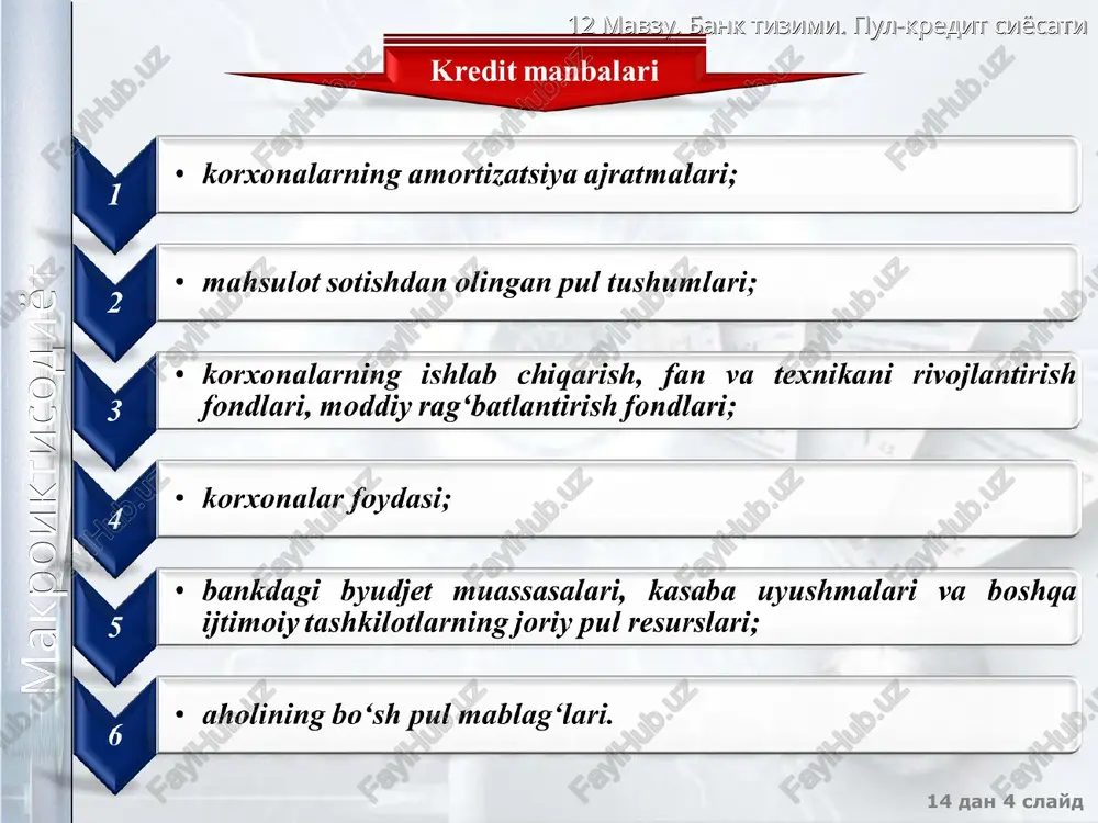 lik tijorat banki 3 "agrobank" aksiyadorlik tijorat banki 4 "mikrokreditbank"aksiyadorlik tijorat-banki 5 "o‘zbekiston respublikasi aksiyadorlik tijorat xalqbanki" 6 aksiyadorlik tijorat banki "qishloqqurilishbank" 7 "turonbank" aksiyadorlik tijorat banki 8 "asakabank" aksiyadorlik jamiyati 9 "ipak yo‘li" aksiyadorlik innovatsiya tijorat banki 10 aksiyadorlik tijorat "aloqabank" 12 mavzu. bank tizimi. pul-kredit siyosati 14 dan * slayd makroiktisodiyot aksiyadorlik tijorat banklar davomi № bank nomi 11 "ipoteka-bank" aksiyadorlik tijorat ipoteka banki 12 aksiyadorlik tijorat banki "universal bank" 13 "kapitalbank" aksiyadorlik- tijorat banki 14 "ravnaq-bank" aksiyadorlik jamiyati 15 aksiyadorlik tijorat banki "asia alliance bank" 16 "madad invest bank" aksiyadorlik tijorat banki 17 “o‘zagroeksportbank” aksiyadorlik tijorat banki 18 "poytaxt bank" aksiyadorlik jamiyati 19 "tenge bank" aksiyadorlik tijorat banki 20 "tbc bank" aksiyadorlik tijorat banki 21 "anor bank" aksiyadorlik jamiyati 12 mavzu. bank tizimi. pul-kredit siyosati 14 dan * slayd makroiktisodiyot xususiy banklar № bank nomi 1 "trastbank" xususiy aksiyadorlik banki 2 "turkiston" xususiy ochiq aksiyadorlik-tijorat investitsiya banki …