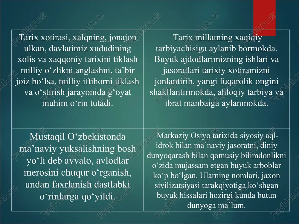 _ haqida va, umuman, tarixiy mavzuda asar yozish imkoniyati yaratildi. an 2000 yilda mustagqillik yillarida al-marg‘inoniy tavalludining 910 yilligi 2000 yilda al-moturidiy tavalludining 1130 yilligi 1995 yil maxmud az-zamaxshariyning 920 yilligi 1990 iso at-termiziyning 1200 yilligi 1993 yilda baxovuddin nagqshbandiyning 675 yilligi 1995 yilda najmiddin kubroning 850 yilligi keng nishonlandi (— o‘zbekistonda milliy adabiyotni va jahon adabiyotining eng sara namunalarini ijtimoiy tarmoqlarga joylashtirish va ularni keng targ‘ib qilish davlat styosati darajasiga ko‘tarildi. x ( kitobxonlik xalqimiz, ayniqsa, yoshlarimiz o‘rtasida keng targ‘ib qilindi. bunda yangicha, ta’sirchan uslublardan, moddty rag‘batlashtirishdan unumli foydalanildi. x ( shunisi bilan quvonarliki, ilmga chanqoq millatimiz yoshlari orasidan yuzlab badiiy, tarixiy asarlarni o‘qigan, taxlil qilgan, minglab misra she’rlarni yod olib uni xalgimiz_ ma’naviy kamoloti yo‘lida foydalanayotgan yosh avlod shakllandi. x ( o‘zbekiston milliy bog‘ining eng so‘lim go‘shasida adiblar xiyoboni, yozuvehilar uyushmasi binosi barpo etildi. ijodkorlar uyi qurilib, foydalanishga topshirildi. 514 nafar fan doktori 6 nafar akademik 15 nafar …