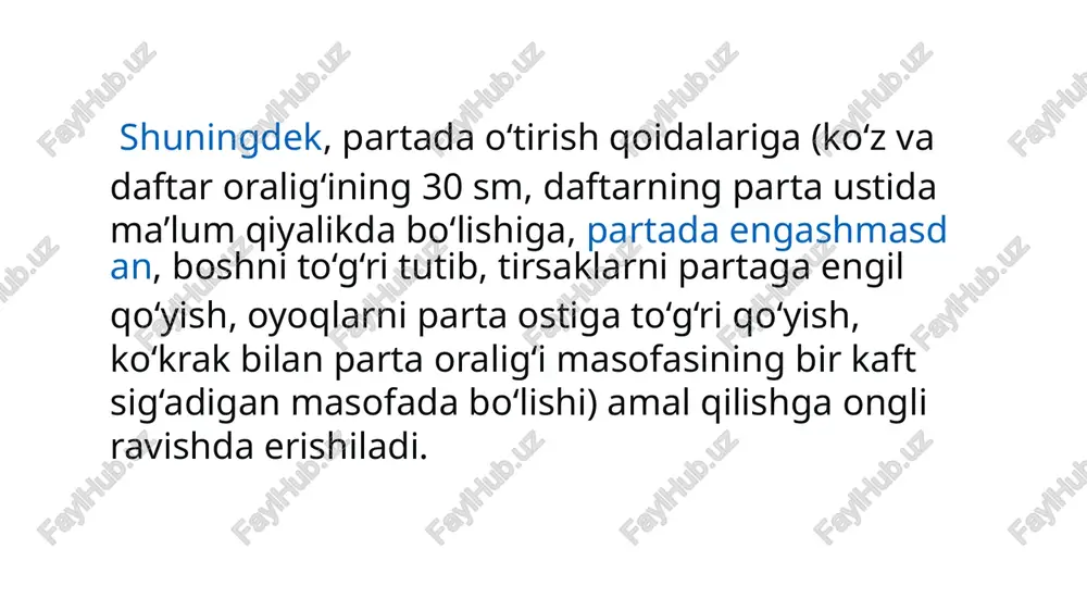 dir. harflarni bosmasdan bir tekisda yozish, elementlarni ajratmasdan bog‘lash, so‘zlarni qatorda to‘gri joylashtirish, yozuv vaqtining belgilab olinishi, tahlil ishlarining (bo‘g‘in-tovush, tovush-harf, imloviy tahlil), ya’ni fonetik-grafik tahlilning amalga oshirilishi muhim sanaladi. 1-sinfda yozuv daftari asosida olib boriladigan mashg’ulotlar. fanning asosiy maqsadi boshlang’ich ta’lim talabalarini ta’lim jarayoniga uch yo’nalishda tayyorlash: talabalarga husnixat metodikasidan nazariy ma’lumot berish. husnixat talablari asosida yozishga o’rgatish. 3.boshlang’ich ta’limda o’quvchilarini husnixatga o’rgatishning metod va usullari bilan, ta'limiy vositalar bilan tanishtirish va ularni ta'lim jarayoniga tadbiq etish bo’yicha bilim, ko’nikma va malakalarni shakllantirishdir. fanning vazifalari - talabalarga yozuv, chiroyli yozuv, yozuvning ahamiyati haqida, o’z dastxati ustida ishlash usullari haqida boshlang’ich ta’lim o’quvchilarini husnixatga o’rgatishning shartlari, qoidalari, metodlari va usullari, tamoyillari, harflarni guruhlash metodlari va usullari, husnixat darslarini rejalashtirish, husnixat darslarining tuzilishi,uni tashkil qilish shakllari, grafik xatolarni aniqlash va bartaraf etish usullari, o’quvchilar yozuvini baholashga o’rgatish haqida nazariy ma’lumot berish, amaliy malaka hosil qilishdir. fanning ta’limdagi o’rni husnixat o’qitish metodikasi …