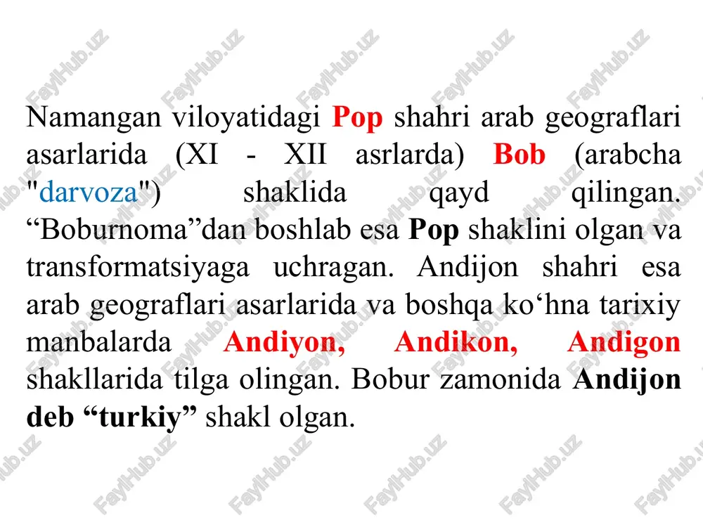 - marg’inon (harfma-harf o'qilganda marg'non), yozyovon – yoziyobon laylakxona - laklakxona, yaypan - lyfon, qaqir - qqir, baliqchi - bliqchi, nayman - niyman-nmin yozilgan. tall atamasi arab tilida "tepalik” degan so‘z o‘rta osiyoda, jumladan, o‘zbekistonda, xususan, zarafshon vodiysida tal, tol shakllarida ko‘plab toponimlar hosil qilgan (tolim arjon, tollimoron, tolliqo‘rg‘on, tolimarjon, talaktepa, toliborzu, tallak, tollig‘ulon va hokazo). tal yoki tol deganda tepalik, qo'rg'on tepa mozorqo'rg‘on tushuniladi. o'zbek tilida ikki va undan ortiq so‘zlardan (turdosh otlardan) iborat (murakkab) geografik nomlar qo‘shib yoziladi. bunga misollar keltiramiz. ot+ot abdiqishloq, qorovulbozor, qum go‘rg ‘on. yomonjar, mamaqishloq, qiziljar, qoratog', uzunsoy, sovuqbuloqchi, torariq. egriko‘l. sifat+ot son+ot beshbuloq, qo'shrabot. yolg‘iztol, mingchuqur, qo'shko'prik , to'qsonkamar, o'ttizadir. soykeldi, qo'yqirilgan, tangatopdi, qozonketgan. ot+fe’l sifat+geografik nom balandmachit. balandravot, oqqo'rg’on, oqtepa, ko‘kbuloq. ko'kgumbaz, sarisuv, sariqtepa, qizilsuv, qizilsoy. qizilqum , yuqoriovul. etakovul, quyimahalla, o‘rtachek, o‘rtasaroy soykeldi, qo'yqirilgan, tangatopdi, qozonketgan. ot+fe’l quyidagi hollarda ajratib yoziladi katta oqtepa, katta beshkapa, katta qorabog', katta naymancha; kichik aravon, …