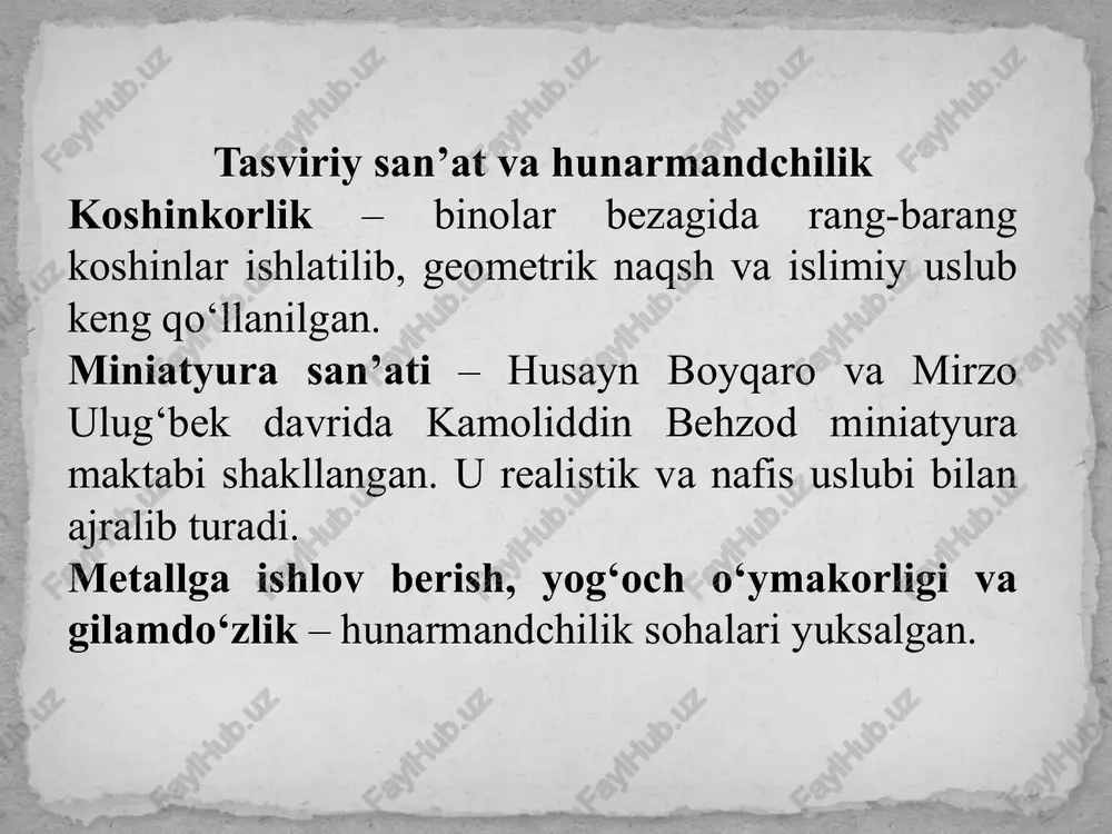 lmi temuriylar davrida: muqarnas va girih naqshli me’morchilik rivojlangan. qurilishda muhandislik va matematika qo‘llanilib, muhtasham binolar barpo etilgan. samarqand va hirot me’morchilik markazlariga aylangan. amir temur davrida samarqandning ulkan madaniyat markaziga aylanishi amir temur (1336–1405) hukmronligi davrida samarqand nafaqat buyuk saltanat poytaxti, balki ilm-fan, madaniyat va san’atning yirik markaziga aylandi. u samarqandni dunyoning eng go‘zal va rivojlangan shaharlaridan biriga aylantirish uchun ko‘plab obodonlashtirish va qurilish ishlarini amalga oshirdi. samarqand – saltanat poytaxti amir temur o‘z davlatining poytaxti sifatida samarqandni tanlab, uni iqtisodiy, harbiy va madaniy jihatdan rivojlantirishga katta e’tibor qaratdi. shahar: yirik savdo yo‘llari kesishgan joyda joylashgan bo‘lib, buyuk ipak yo‘li markazlaridan biri edi. harbiy va iqtisodiy jihatdan mustahkamlanib, dunyodagi eng muhim shaharlar qatoriga kirdi. jahonning turli burchaklaridan olimlar, hunarmandlar va san’atkorlar bu yerga kelib, samarqandning madaniy rivojiga hissa qo‘shdilar. me’morchilik va shaharsozlik amir temur samarqandni obodonlashtirish maqsadida ko‘plab hashamatli binolar qurdirgan. eng muhim inshootlar: bibixonim masjidi – sharqdagi eng …