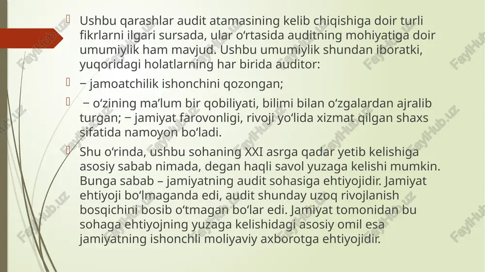 tomonidan tekshiruvidan o‘tkazishi lozim bo‘lgan. 1878-yilda buyuk britaniyada «city of glasgow bank» (glazgo shahar tijorat banki) bankrot bo‘lishi munosabati bilan ushbu davlatda 1879-yilda “majburiy audit” to‘g‘risidagi qonun qabul qilindi. aqshda audit sohasining keng rivojiga 1933 va 1934-yillarda qabul qilingan «qimmatli qog‘ozlar bo‘yicha davlat qonuni», 1937-yilda qimmatli qog‘ozlar va birja bo‘yicha komissiya (securities & exchange comission)ning tuzilishi, korporatsiyalar o‘z qimmatli qog‘ozlarini chiqarish va sotish uchun ushbu davlat tashkilotidan ro‘yxatdan o‘tishi, ro‘yxatdan o‘tish uchun esa har bir korporatsiya secga majburiy tartibda audit tekshiruvidan o‘tgan moliyaviy hisobotlarini taqdim etishlari shart qilib belgilanganligi turtki bo‘ldi. hozirda buyuk britaniyada audit sohasini tartibga soluvchi, auditning metodik asoslarini yaratuvchi va audit standartlarini ishlab chiquvchi tashkilot 1880-yilda tashkil topgan angliya va uelsda qasamyod qilgan buxgalterlar instituti (icaew) va qasamyod qilgan diplomli buxgalterlar uyushmasi (acca) hisoblansa, aqshda amerika sertifikatlangan jamoat buxgalterlari instituti (aicpa) shu vazifani amalga oshiradi. respublikamizda auditorlik faoliyatini me’yoriy tartibga solish va rivojlantirish vazifasini quyidagi tashkilotlar amalga …