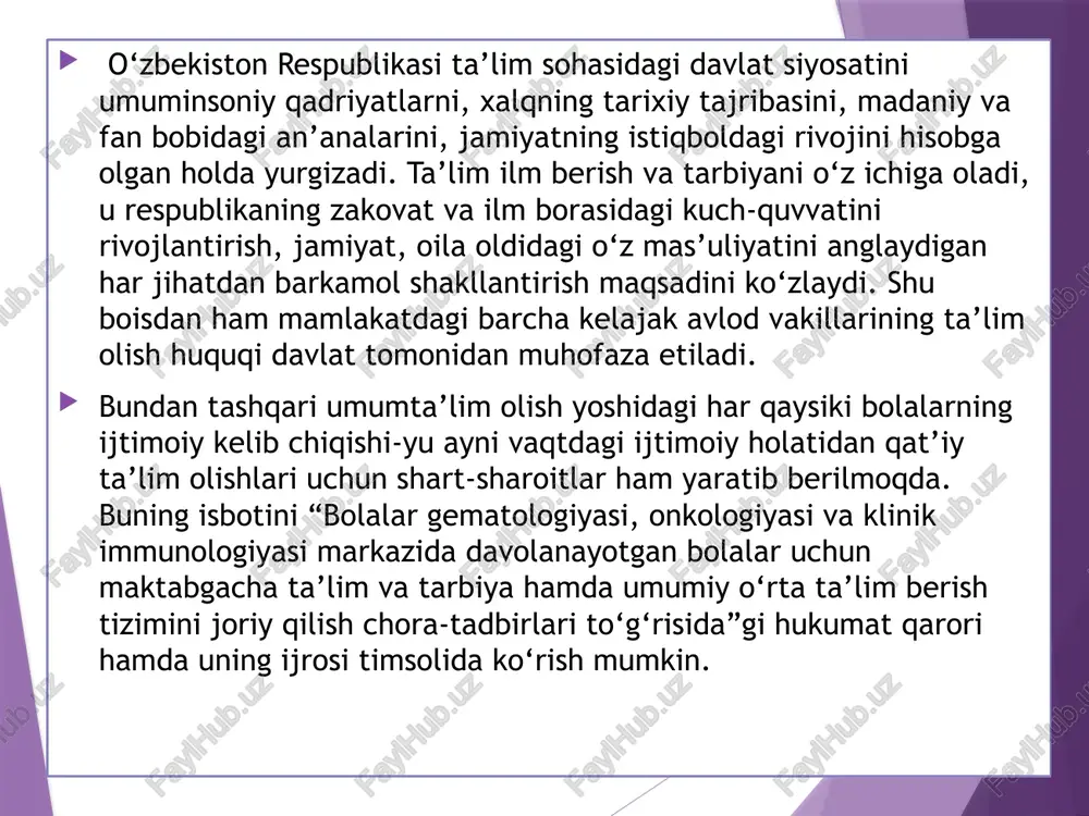 umumta’lim maktablarida boshlang‘ich ta’limdanoq o‘quvchilarga integrasiyalashgan ta’lim berish amaliyotga joriy etilmoqda. integrasiyaning o‘zi maqsad emas, balki o‘qituvchi faoliyatining ma’lum bir tizimi bo‘lgani uchunu muayyan o‘quv muammolarini hal qiladi. gospital pedagogika fanining bugungi kundagi ahamiyati tabiiy fanlarni o‘qitishning asosiy maqsadi–olamning ilmiy manzarasi haqidagi tasavvurni yaratish; bilimning ilmiy usulini o‘zlashtirish va uni zamonaviy inson qadriyatlari tizimiga kiritishdir. umuman olganda, dars o‘quvchilar uchun qiziqarli va mazmunli, bilim olishga chorlaydigan bo‘lishi kerak. o‘quv muassasining eng yomon ahvoli –bu o‘quvchining o‘qishga nisbatan yo‘qotilgan qiziqishi, intilishi. buyuk pedagog ya.a.komenskiyta’qidlaganidek,«o‘quv jarayoni va oddiy va yoqimli bo‘lishi shart». demak, bu talablarni bajarish uchun o‘qituvchi o‘z ustida ko‘p ishlashi zarur. kichik yoshdagi o‘quvchilar jamiyat hayotini o‘yin orqali anglaydilar. o‘yin vaziyatlari ularga ortiqcha tushuntirish va nasihatlarsiz xulq-atvor qoidalarini amaliy jihatdan oson, maroqli tarzda o‘rganishga yordam beradi. shundan kelib chiqib, mehrli maktabda darslarni turli xil ta’limiy o‘yinlar va metodlardan foydalangan holda tashkil qilish maqsadga muvofiqdir. ya’ni “bumerang” texnologiyasi, “arra”, “o‘z o‘rningni …