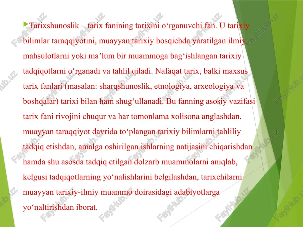 garishlarni o‘rganishda sabab-oqibat munosabatlarini aniqlashni o‘z ichiga oladi. tarixiy-qiyosiy usul - turli tarixiy davrlarda tarixiy maʼlumotlar qanday paydo boʻldi, harakatlandi, oʻzgardi va rivojlandi, jamiyat taraqqiyotida tarixiy fikrlarning paydo boʻlishi va rivojlanishi jarayonini aniqlashda qoʻllanadi. tarixiy-tipologik usul – ma’lum bir guruh narsalar uchun o‘zgarishlar ketma-ketligini aks ettiruvchi tipologik qatorlar yaratuvchi tizimlashtirish va xronologiyalash usuli; tarixiy-tizimli metod - o‘tmishdagi obyektlar va hodisalarni yaxlit tarixiy tizimlar sifatida o‘rganishga qaratilgan. diaxronik tahlil usuli - tarixiy jarayonlarni tarixiy voqelikdagi mohiyatan vaqtinchalik o'zgarishlar sifatida o'rganish. tarixiy davriylashtirish usulida maʼlum bir tarixiy davriy chegarada tarix fanining sifat, uslub va xususiyatlarining oʻzgarishiga ijtimoiy-iqtisodiy munosabatlarning taʼsiri, har bir yangi bosqichda vujudga kelgan ilmiy gʻoyalarni harakatlantiruvchi omil va yoʻnalishlar aniqlanadi; retrospektiv tahlil - tarixshunoslikka doir tadqiqotlarda tadqiqotchining vazifasi oʻzidan avvalgi bosqichlarda yaratilgan ilmiy asarlarni zamonaviy bilimlar nuqtai nazaridan oʻrganish, ularning ijobiy va salbiy jihatlarini tahlil qilishdan iborat. mavzuning o‘rganilganlik darajasi “muammoni hal qilish sezilar hissa qo‘shganlar ...”; “ilm-fanda bu yo‘nalish …