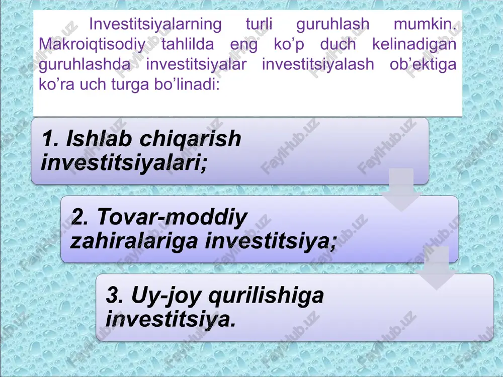tisodietdagi investitsiyalar multiplikatori ochiq iqtisodietdagi soliq solish �isobi bilan avtonom xarajatlar multiplikatori epiq iqtisodietdagi soliqlar multiplikatori akselerator samarasi investitsiya akseleratori – investitsiyalarni iste'mol (daromad) o'zgarishi bilan bo�lig'lik koeffitsienti bu erda - akselerator - investitsiyalar - daromad - vakt retsession va inflyatsion uzilishlar muvozanatli daromad potentsial daromad y = y* y y* y= e e = c + i + g + xn y e y y* < y= e e = c + i + g + xn y e y y* < retsession inflyatsion 4. ishlab chigarish | investitsiyalari; 2. tovar-moddliy -zahiralariga investitsiya; "3. uy-joy qurilishiga | investitsiya. 18-1 2000 |- 1750 1500 1250 1000 750 500 250 sollltttitititt tt ttt tte te eee eet tt 1970 1975 1980 1985 1990 1995 2000 2005 —2 investitsiyalar dinamikasini belgilovchi eng muhim omillardan biri bo’lib kutilayotgan sof foyda normasi hisoblanadi. agar real foiz stavkasi bilan investitsiya xarajatlari miqdori o’rtasida teskari bog'liqlik …