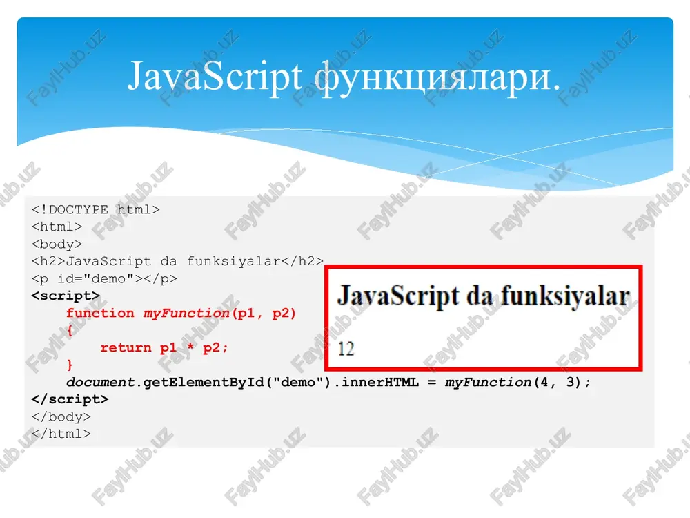 cript da funksiyalar 12 javascript da funksiyalar function (a, b) {retum a * b} javascript da funksiyalar 63 javascript da funksiyalar 48 javascript da funksiyalar salom! xurmatli talabalar!!! javascripda obektlar javascripda obektlar javascripda obektlar javascripda obektlar natija 5 javascripda obektlar natija men, talabaman, tatu, uchunchikursda javascripda obektlar natija banana,orange,apple, mango javascripda obektlar natija banana, orange banana,orange javascripda obektlar moareepawre aelicrene iitimos so'2ni kitting kiritilgan so'z - men talabaman!!! = 5 bo'g'indan iborat. l ] [9 /docprops/thumbnail.jpeg toukeht axbopot texhoictsaiara yebepchteth. oumpzrexsorpeeroe javascript bymsmascap a ofvexrsape. javascriptza aout uboxazap.