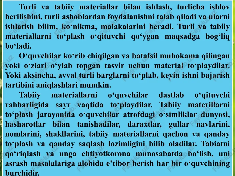 lash uchun mo‘ljallangan joylar aniqlanadi. o‘quvchilar e’tiborini va aqliy faoliyatlarini kuzatilayotgan obyektdan mehnat darslarida ishlarni bajarish uchun zarur bo‘lgan asosiy muhim belgilari, elementlari va xususiyatlarini ajratishga, to‘planayotgan materialni to‘g‘ri baholashga yo‘llaydigan savollar ro‘yxati tuziladi. daraxtzorga kelganda bolalar kayfiyati ko‘tarilib, ular har narsaga qiziqish bilan qaraydilar, barglar, ularning ranglari, shakllari bolalarni ajablantiradi. ular tabiatning butun go‘zalligini, uning ranglarini, to‘kilgan barglar hidi va ular o‘zining elastiklik xususiyatini yo‘qotganligini, qattiqlashib, sinuvchan bo‘lib qolganligini ko‘radilar. bolalarning atrof-tabiat bilan zavqlanishlari kamayib borishiga qarab, ularning e’tibori barglarning shakli, daraxtlar navlariga qaratiladi. ana shu vaqtda o‘simliklarda sodir bo‘layotgan ichki jarayonlar qisqa va tushunarli bayon etib beriladi: o‘simlik yangi sharoitlarga moslashib, qish fasliga tayyorgarlik ko‘rayotganligi bilan tanishadilar. bolalarning e’tibori atrofda uchib yurgan qushlar, kapalak, ninachilarga, ularning asosiy belgilariga jalb qilinadi, uchib yurgan qushlar, ularning tuzilish formalari haqida, mehnat darslarida qushlar applikatsiyasini tayyorlash uchun to‘plangan barglar material xizmatini o‘tashi to‘g‘risida suhbat o‘tkaziladi. o‘quvchilar barglarni to‘plar ekanlar, ularning ranglarini, shakllarini …