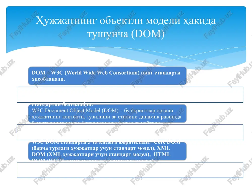 { var parent = document.getelementbyid("div1"); var child = document.getelementbyid("p1"); var para = document.createelement("p"); var node = document.createtextnode("this is new."); para.appendchild(node); parent.replacechild(para,child); } #container { width: 400px; height: 400px; position: relative; background: yellow; } #animate { width: 50px; height: 50px; position: absolute; background-color: red; } clickme function mymove() { var elem = document.getelementbyid("animate"); var pos = 0; var id = setinterval(frame, 5); function frame() { if (pos == 350) { clearinterval(id); } else { pos++; elem.style.top = pos + "px"; elem.style.left = pos + "px"; } } } 1 2 2 function myfunction() { var x = document.getelementbyid("fname"); x.value = x.value.touppercase(); } enter your name: javascript html dom hodisalar onclick=javascript 1 2 mouse over this text click me function mdown(obj) { obj.style.backgroundcolor = "#1ec5e5"; obj.innerhtml = "release me"; } function mup(obj) { obj.style.backgroundcolor="#d94a38"; obj.innerhtml="thank you"; } javascript brauzer va veb-hujjat ob'ektlari modeli bilan ishlash (bom, dom). date ob'ekti usullari va xususiyalari. …