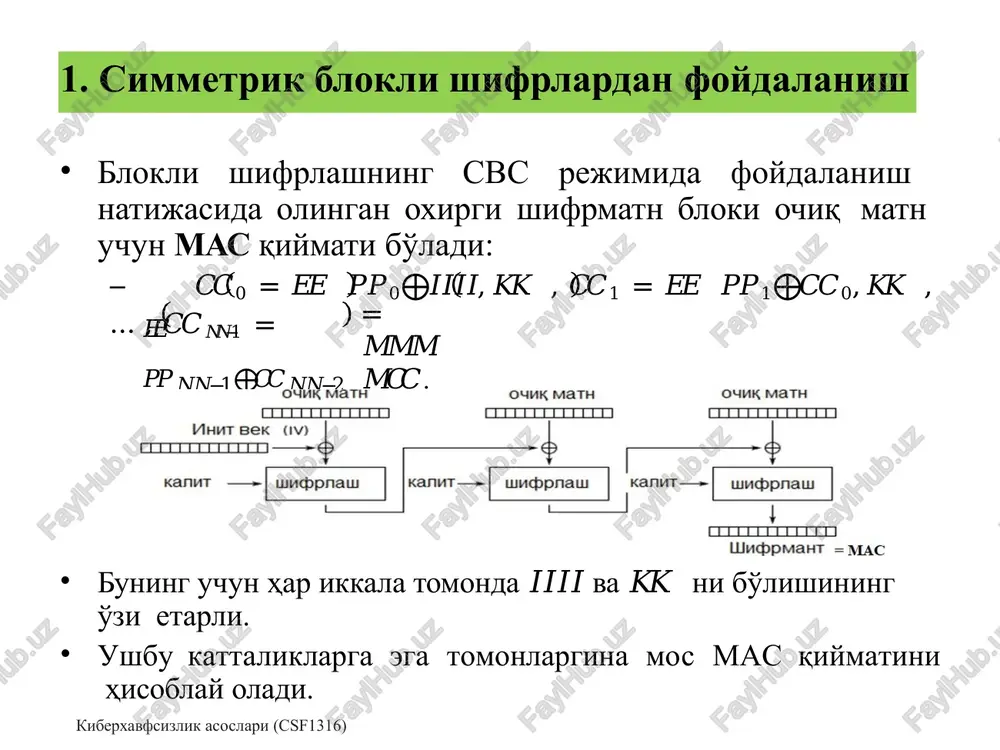 allikni va rad etishdan himoyalashni amalga oshirish mumkin: (1) 𝑀𝑀 tomon 𝑀𝑀 xabarga birinchi imzo qo'yib, so'ng shifrlashi va 𝐵𝐵 tomonga yuborishining o'zi etarlimi ??? {[𝑀𝑀]𝐴𝐴}𝐵𝐵 (2) yoki, birinchi shifrlab keyin imzolash 𝑀𝑀 tomon uchun yaxshimi??? [{𝑀𝑀}𝐵𝐵]𝐴𝐴 xo'sh? yuqoridagilardan qay biri masalaga to'g'ri echim bo'la oladi? ochiq kalitlar infratuzilmasi (public key infrastructure, pki) kiberxavfsizlik asoslari (csf1316) ochiq kalitli kriptotizimlarda kalitni uzatish muammosi mavjud emas. biroq, biror ochiq kalitni foydalanuvchiga tegishli ekanligini qanday aniqlash mumkin: bu esa muammo !!!! bu muammoning echimi bormi? ha, bor. sertifikatdan foydalanish. ya'ni, ochiq kalitni biror qonuniy tomondan mavjud bo'lgan markaz tomonidan sertifikat qo'rinishida chop etish. umumiy holda, mazkur muammoni oldini olish uchun ochiq kalitli kriptografik tizimlarda ochiq kalitlar infratuzilmasidan foydalaniladi. pki kiberxavfsizlik asoslari (csf1316) raqamli sertifikat (yoki ochiq kalit sertifikati yoki qisqacha sertifikat) foydalanuvchining ismi va uning ochiq kalitidan iborat bo'ladi (amalda foydalanuvchiga va sertifikatga sertifikat tegishli markazi ma'lmotlar ham bo'ladi) va u (certificate authorit …