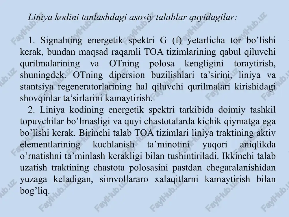 inatsiyalari (1 va 0 soni teng bo'lgan, 6 razryadli 20 ta kombinatsiya mavjud, qolgan 12 kombinatsiya ikkita 1 va to'rtta 0 dan yoki aksincha iborat ) ba’zan qo’shimcha impuls blokli sinxronizatsiya signallarini shakllantirish uchun liniya kodiga kiritiladi va bunday kodlar mb1s deb ataladi. agar qo’shimcha impulslar ham juftlikka (toqlikka) tekshirish, hamda blokli sinxronizatsiyani ta’minlash uchun kiritilsa, u holda mb1p1s turdagi aralash kod hosil bo’ladi. yuqori tezlikli raqamli toa tizimlarida mb1s kodining bir turi hisoblangan, 10b1r1p turdagi liniya kodi keng qo’llanish topgan. boshlang’ich o’n simvolli nrz kodiga qo’shimcha r va p impulslarni kiritish orqali 12 simvolli 10b1r1p liniya kodi shakllanadi 1 2 3 4 5 6 7 8 9 10 1 2 3 4 5 r 6 7 8 9 10 p b) a) 10b1r1p turdagi liniya kodini shakllanish sxemasi: a) - boshlang’ich nrz kodi; b) – 10b1r1p liniya kodi. skremblerlash – bu yangi kodni yaratishni yana bir imkoniyatidir. bunda liniya …