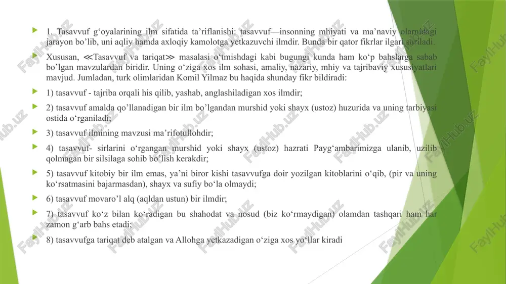 lluqli bo’lgani uchun muhimdir. bu ta’riflarda u yoki bu darajada juz’iy tafovutlar mavjud bo’lsada, tasavvuflarning mohiyati, uning ma’naviy ahamiyati atroflicha ifodalangan. demak, bu dunyo bor ekan, insoniyat bilan birga tasavvuf ham bor. 3. tasavvuf g‘oyalarining ≪tariq≫, ya’ni ≪yo’l≫ sifatida ta’riflanishi bunday ulug‘ mutafakkir alisher navoiy qalarniga mansubdir. uning ≪favoyid ul-kibor≫ asarida quyidagicha fikr bayon qilinadi: ≪xilofu ixtilofi bo’lmagan zuhd, toat emas, riyosiz, sof tavhidga eltuvchi yo‘l≫. mahmud as’ad jo‘shon ta’rifiga ko‘ra ≪tasavvuf favqulodda yuksak darajadagi yo‘1 bo’lib, unda shaxs barkamol inson darajasiga ko‘tariladi≫ yoki ≪dinimizning o‘zagi, negizi va uning haqiqiy ma’nosi, komil inson bo’lish yo‘lidir≫ degan ma’noni bildiradi. tasavvuf g‘oyalarining ≪ta’limot≫ sifatida ta’riflanishi husayn voiz koshifiy tasavvuf tushunchasini quyidagicha talqin etadi: ≪t≫ - tajriba, ya’ni ortiqcha narsalardan holi bo’lish (qolish), behuda ishlardan chetlanish, ≪s≫ — sidqu safo, ≪v≫ — vafo, ≪f≫ — fano’. agar tasavvuf nimadir deb so‘rasalar aytginki, - deydi koshifiy, — bu savolga berilgan javoblar bir qancha. birinchidan, …