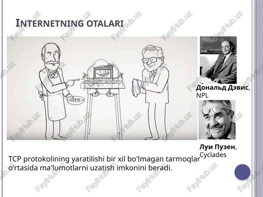 al, chto protokol tcp budet podderjivat tseliy diapazon transportnix servisov, ot absolyutno nadejnoy uporyadochennoy dostavki dannix (model virtualnogo soedineniya) do deytagrammnogo servisa, kogda prilojenie napryamuyu vzaimodeystvuet s nijelejashim setevim urovnem, chto mojet privesti k sluchaynim poteryam, povrejdeniyu ili dublirovaniyu paketov *** glavnaya ideya, predlojennaya avtorami, sostoyala v tom, chtobi perenesti obespechenie nadejnosti kommunikatsiy iz seti v podklyuchennie k ney serveri. ideya okazalas blestyashey, ona prishlas po vkusu i liberalno nastroennim uchenim, i voennim odnovremenno. posle etogo protokol nachal jit svoey jiznyu, poka eshe pod nazvaniem tcp. iznachalno eto bil odin protokol tcp, 5 xabarni datagrammalarga bo'lish qabul qiluvchi tomonda datagrammalarni qayta yig'ish xatoni aniqlash paketlar tartibini tiklash individual datagrammalarni marshrutlash. tcp 2 qismga ajraladi djonatan postel denni koen v pervonachalnom dokumente serfa i kana po ob'edineniyu setey opisivalsya odin protokol, nazvanniy tcp (transmission control protocol), kotoriy osushestvlyal marshrutizatsiyu i nadejnuyu dostavku paketov i ispolzoval globalnuyu adresatsiyu kompyuterov. pozje k razrabotke …