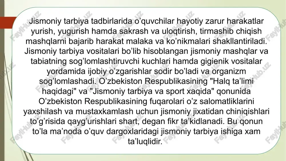 a tayyorlashga yordam beradi. o’quvchi va talabalarda harakat malaka va ko’nikmalarini shakllantirishda ularni jinsi, yoshi va jismoniy tayyorgarligi hamda shaxsiy qobiliyatiga qarab yondashish zarur. jismoniy fazilatlarni takomillashtirish. tezkorlik, kuch, epchillik va chidamlilik hamda egiluvchanlik xar bir kishi uchun zarur bo’lgan sifatlardir. ular o’quvchi va talabalarda harakat ko’nikmalarining shakllanishi bilan uzviy bog’liqdir. jismoniy mashqlarni qisqa yoki uzoq vaqt davomida turli sur’atda, turli murakkabliklar bilan o’tkazish yuqoridagi sifatlarning rivojlanishiga yordam beradi. jismoniy fazilatlarni bir-biriga muvofiq holda rivojlantirish. mashg’ulotlarni shug’ullanuvchilar shaxsiy qobiliyatlariga muvofiq tashkil etish hamda o’quvchilarni sport turlariga jalb etish. aqliy va estetik sifatlarni tarbiyalash. botirlik, qat’iylik, intizomlilik, jamoatchilik, do’stlik va o’rtoqlik xissini, madaniy xulq ko’nikmalarini, mehnatiga va ijtimoiy mulkka munosabatni tarbiyalash. jismoniy tarbiyaning butun jarayoni bunday qimmatli axloqiy va irodaviy sifatlarni tarbiyalashga yordam beradi. ko’pchilik jismoniy mashqlar, o’yin harakatlari dovyuraklik va do’stlik xislarini tarbiyalashga yordam beradi. shuningdek, vatanga muxabbat, vatanparvarlik, xis—tuyg’ularni shakllantirish va tarbiyalash. to’g’ri qomatni shakllantirish. to’rganda va yurganda qomatni …