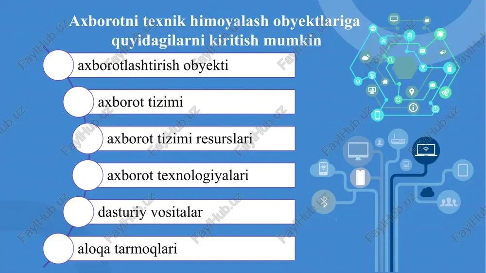 mumkin, ya’ni axborotlashtirilgan, kam axborotlashtirilgan va axborotlashtirilmagan. kanalning axborotlashtirilganligi undagi uzatilayotgan axborotlarning qimmatliligiga ko‘ra baholanadi. paydo bo‘lish vaqtiga ko‘ra kanallar: doimiy, davriy epizodik (har zamonda) turlariga bo‘linadi. doimiy kanalda axborotning chiqib ketishi deyarli doimiy xarakterga ega bo‘ladi. epizodik kanallarda bu holat tasodifiy bir martalik xarakterga ega bo‘ladi. axborotning chiqib ketish texnik kanallari quyidagi tahdidlarni yuzaga keltirishi mumkin akustik axborotning chiqib ketish tahdidi akustik axborotning chiqib ketish tahdidi kanallarga yondosh bo‘lgan elektromagnit nurlanish orqali chiqib ketish tahdidi xavfli signallar va ularning manbalari. g’arazgo‘y kimsalar tomonidan tutib olinib, keyinchalik ularni ochish mumkin bo‘lgan himoyalangan ma’lumotlarni uzatuvchi signallar xavfli signallar deb ataladi. bunday signallar ikki ko‘rinishga bo‘linadi: funktsional va tasodifiy. funktsional signallar ma’lumotlarni qayta ishlovchi texnik vositalar tomonidan ularga qo‘yilgan vazifalarni bajarish uchun hosil qilinadi. bunday signallarning asosiy manbalariga quyidagilar kiradi: aloqa tizimi manbalari; radiotexnik tizimlar uzatkichlari; o‘zidan akustik signal chiqaruvchilar; insonlar. tasodifiy xavfli signallar manbai bo‘lishi mumkin bo‘lgan texnik vositalarga quyidagilar kiradi: …