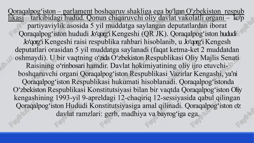 teks" aksionerlik jamiyati va "yuniver" qoʻshma korxonasi), shuningdek, nukus shahrida (vino zavodi, poligrafiya kombinati, "kateks", "nukus non", "daunt" korxonalari, un-yorma zavodi, 2 ta qurilish sanoati korxonasi) va taxiatosh shahrida (taʼmirlash-mexanika va uyayorma zavodlari) faoliyat koʻrsatadi. qishloq xoʻjaligi, asosan. paxtachilik, gʻallachilik (sholi va bug-doy yetishtirish) va chorvachilik (goʻsht, sut, qorakoʻlchilik)dan iborat. qishloq xoʻjaligining yalpi mahsuloti hajmida paxta 22,4%, gʻalla ekinlari 22,1%, chorva mahsulotlari 36,4% ni tashkil etadi. 2004 yilla umumiy ekin maydoni 251,2 ming ga, shundan 92,9 ming ga maydonga donli ekinlar, 102,9 ming ga yerga paxta. 13 ming ga yerga sabzavot-poliz, 34,2 ming ga yerga yemxashak ekinlari ekildi. chorvachilik, asosan, goʻsht-sut yetishtirishga ixtisoslashgan. 2005 yilda barcha toifadagi xoʻjaliklarda 437,7 ming qoramol, 539,9 ming qoʻy va echki, 844,7 ming parranda, 15,8 ming ot boqildi. rasmiy xabarlar|karantin, [02.10.20 16:17] qoraqalpog'iston respublikasi jo'qorg'i kengesining navbatdan tashqari sessiyasida hududni ijtimoiy-iqtisodiy rivojlantirish masalalariga alohida e'tibor qaratildi. prezident shavkat mirziyoev murat kamalovni jo'qorg'i kenges raisligiga saylangani …
