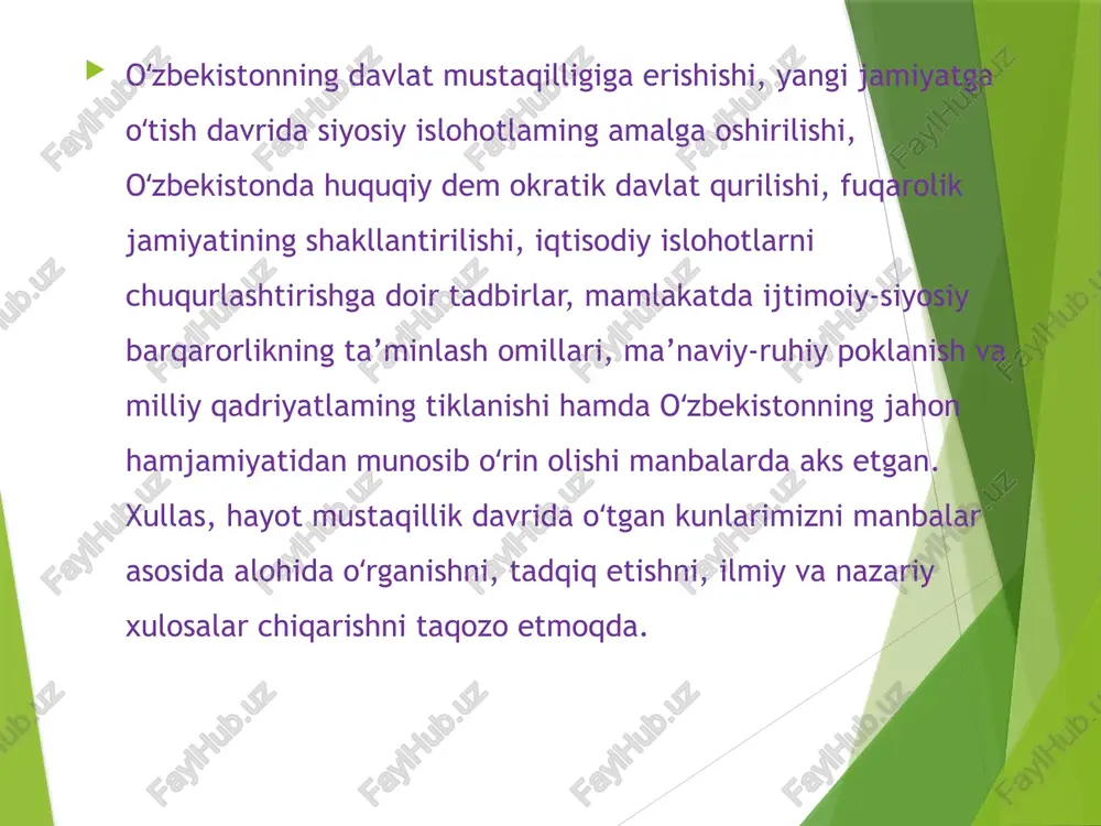 rahbarining 2017-yil 17-fevraldagi “fanlar akademiyasi faoliyati, ilmiy-tadqiqot ishlarini tashkil etish, boshqarish va moliyalashtirishni yanada takomillashtirish chora-tadbirlari to‘g‘risida”gi qarorida fanlar akademiyasining hozirgi bosqichdagi asosiy vazifalari va faoliyatining ustuvor yo‘nalishlari belgilab berilgan. farmonga muvofiq, fanlar akademiyasi tarkibida bir qator yangi ilmiy-tadqiqot tuzilmalari tashkil etilib, avval boshqa muassasalarga o‘tkazilgan tuzilmalar qaytarildi. mazkur qarordan ko‘zlangan asosiy maqsad mamlakatimiz ilm-fanining jahon darajasiga chiqishini ta’minlash, fan va ishlab chiqarishning yaqin integratsiyalashuviga erishishdan iborat. o‘zbekiston respublikasi qonun hujjatlari to'plami mustaqillik yillarida qabul qilingan qonun hujjatlari odatda ommaviy axborot vositalari, jumladan, internet tarmog‘ida e’lon qilinmoqda. bundan tashqari, “o‘zbekiston respublikasi qonun hujjatlari to‘plami” turkumi muntazam nashr etilib, unda yangi qonunlar bilan bir qatorda o‘zbekiston respublikasi prezidentining farmon va qarorlari ham chop etilmoqda. i.a. karimov asarlari o‘zbekiston mustaqil bo‘lgach, taraqqiyotning asosiy yo‘nalishlari o‘zbekiston respublikasi birinchi prezidenti i.a .karimovning ma’ruza va nutqlarida, monografik asarlarida aks etgan. i.a.karimov asarlarida ko‘p asrlik tariximizdagi eng yirik tarixiy shaxslar — imom buxoriy, ahmad farg‘oniy, ahmad …
