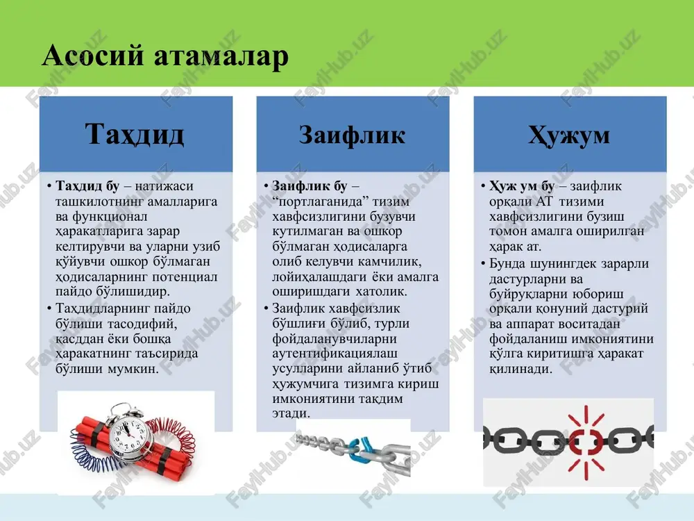 r tizim yoki tarmoqqa bevosita va bilvosita ta'sir qiladi; • zararli dastur bu – programma yoki fayl bo'lib, kompyuter tizimiga tahdid qilish imkoniyatiga ega. oshirish uchun foydalanuvchilarga va tashkilotlarda mavjud bo'lgan biror xizmatni cheklashga urinadi; • dos hujumlari biror axborotni o'g'irlanishiga yoki yo'qolishiga olib kelmasada, biroq tashkilot tashkilot va tarmoq haqidagi axborotni to'plashni maqsad qiladi; • tarmoq haqida axborotni to'plash hujumchilarga mavjud bo'lgan potentsial zaiflikni aniqlash imkonini beradi. funktsiyasini bajarilmasligiga olib keladi razvedka hujumlari • razvedka hujumining aso si y maqsadi quyidagi ma'lumotlarga ega bo'ligsh: – tarmoq haqidagi axborot; – tizim haqidagi axborot; – tashkilot haqidagi axborot. • razvedka hujumlarining quyidagi turlari mavjud: – aktiv razvedka hujumlari • aso san portlarni va operatsion tizimni skanerlashni o'z ichiga oladi. – passiv razvedka hujumlari • trafik orqali axborotni to'plashga harakat qiladi. • razvedka hujumlarig a quyidagilarni misol keltirish mumkin: – paketlarni snifferlash – portlarni skanerlash – ping buyrug'ini yuborish – dns izi …