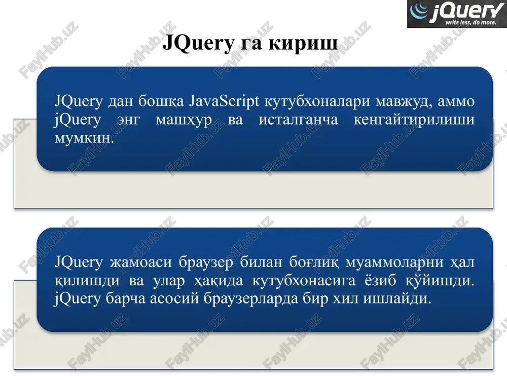 ini ikki marta bosganda funktsiya bajariladi: $(document).ready(function(){ $("p").dblclick(function(){ $(this).hide(); }); }); if you double-click on me, i will disappear. click me away! click me too! 1 2 3 mouseleave () usuli html elementiga hodisalarni qayta ishlash funktsiyasini biriktiradi. sichqoncha ko'rsatgichi html elementini tark etganida funktsiya bajariladi: $(document).ready(function(){ $("#p1").mouseleave(function(){ alert("bye! you now leave p1!"); });}); this is a paragraph. 1 2 jquery ui 21 jquery ui – bu javascript jquery kutubxonasi ustiga o'rnatilgan foydalanuvchi interfeysi, effektlar, vidjetlar va shablonlarning moslashtirilgan to'plami hisoblanadi. jquery ui afzalliklari 22 veb brouzerlar tomonidan har tomonlama qo'llab-quvvatlanishi ochiq kodli va foydalanish tekinligi foydalanish bo'yicha yo'riqnomalarining yaxshi ekanligi veb sayt uchun temalar mexanizmining kuchli ekanligi barqaror va do'stona interfeysli ekanligi jquery ui afzalliklari 23 autocomplete demo select a programming language: $( "#autocomplete" ).autocomplete({ source: [ "c++", "java", "php", "coldfusion", "javascript", "asp", "ruby" ] }); image2.png image3.png image4.png image5.png image6.png image7.png image8.png image9.png image10.png image11.png image12.png image13.png image14.png …