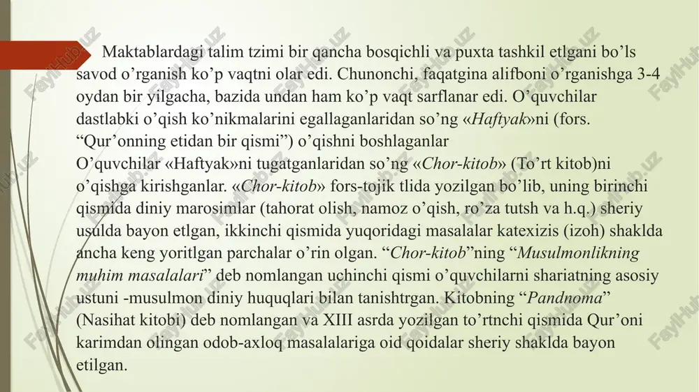 arda maktabdorlarning, imomlarning xotnlari maktabdorlik qilgan. qizlar maktabi haqida k.e.bendrikov “turkistonda xalq maorifi tarixidan ocherklar” asarida quyidagilarni yozadi: “qizlar ishqiy maktublarga berilmasinlar deb, qizlar maktabida yozuvga o’rgatilmagan”. professor u.dolimovning fikricha, bu so’zlar haqiqatdan ancha yiroq. o’zbek xalqi – o’tmishda eng ko’p shoiralar etshtrgan xalq, agar yozuvga o’rgatlmaganida edi, podshohlar saroyiga mansub bo’lgan gulbadanbegim, zebunisobegim, nodirabegimlarni qo’ya bering, xix asrning o’zida uvaysiy, mahzuna, dilshodi barno, muazzamxon, muattarxon, anbar otin, qamarniso, nozimaxon kabi o’nlab mashhur shoiralar qayerdan etishib chiqqan?! o’rta osiyoda faoliyat yuritgan qizlar maktabining yirik namoyondalaridan biri – jahon otin uvaysiydir. o’zining butun faoliyat davomida xalqimiz orzu-umidlarini ro’yobga chiqarishga harakat qilgan jahon otn xalqimizning oqila qizlarini tarbiyalash, go’zal hayotga erishishning birdan-bir yo’li deb o’ylab, o’zining butun umrini yosh qizlarga talim-tarbiya berishga bag’ishladi. o’z maktabida qizlarga boshlang’ich ta’lim berar ekan, jahon otin ularning zehnini o’stirishga katta ahamiyat beradi. otin o’z shogirdlariga savod o’rgatibgina qolmay, ular orasidan iqtidorli qizlarni tanlab sharq sheriyat bilan …
