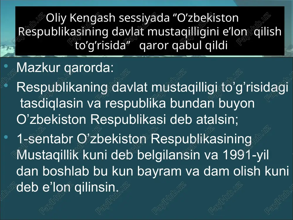 tasi –so’m muomalaga kiritildi. o’zbekistonda milliy valyutani muomalaga kiritish uchun ma’lum vaqt, tajriba kerak edi. shu bois o’zbekiston mustaqillikning dastlabki payti 1991-1993-yillarda sobiq ittifoqdan meros qolgan rubl zonasida bo’lib turdi. lekin sovetlardan keyingi makonda yalpi ichki maxsulot ishlab chiqarishning keskin pasayishi natijasida rublning qadri ham shunga mos ravishda tushib bordi 3. siyosiy isloxotlar. huquqiy demokratik davlat asoslarining barpo etilishi o’zbekiston mustaqilligi e’lon qilingan paytda 1990-yil fevralda saylangan qonun chiqaruvchi organi –oliy kengash faoliyat ko’rsatmoqda edi. o’zbekistonda demokratik isloxotlarni bosqichma-bosqich amalga oshirish yo’lidan borilib , birdaniga oliy kengashni tarqatib yuborilmadi. u 1990-1994-yillarda qonun chiqaruvchi organ sifatida faoliyat yuritdi va o’z vakolat muddati davrida 200ga yaqin qonun va 500 dan ortiq qarorlar tayyorladi va qabul qildi. oliy majlis oliy majlis hududiy saylov okruglari bo’yicha ko’p partyaviylik asosida besh yil muddatga saylanadigan 250 deputatdan iborat bo’lishi belgilandi. 1994-yil 25-dekabr kuni o’zbekiston respublikasi oliy majlisiga birinchi martda erkin, demokratik va ko’p partyaviylik va muqobillik …