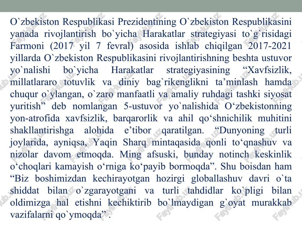 nizm (millatchilikning o’ziga xos shakli). ekstremizm – muammoni keskin hal qilish. fundamentalizm – an’anaviy eski g’oyalarda qolish. fanatizm (fran. ibodat) – muayyan g’oyalar to’g’riligiga ishonish. fashizm (ital.) –tajovuzkor g’oya, nazariya. davlat terrorizmi (sssrda stalin, germaniyada gitler va hakazo). terrorizmning zamonaviy ko’rinishlari: xalqaro terrorizm. mintaqaviy terrorizm. milliy terrorizm. siyosiy terrorizm. diniy ekstremizm va fundamentalizm. neofashizm (yangi fashizm). narkoterrorizm. bioterrorizm. ijtimoiy terrorizm. kiberterrorizm (kiber-urush) – kompyuter tizimlariga hujum. xalqaro terrorizm. biron-bir davlatdagi terrorchilarning o’z harakatlarini yoki bu davlat hududidan tashqari chiqib, davom ettirishdir. xalqaro terrorizmning o’ziga xos xususiyatlari: 1) terrorchilar ham, jinoyat qurbonlari ham bir davlataga mansub yoki bir necha davlatga tegishli bo‘lishi mumkin, ammo jinoyat shu davlatdan tashqarida sodir etilgan bo‘ladi. 2) terrorchilik harakati xalqaro himoya ostidagi shaxslarga qaratilgan bo‘ladi. 3) terrorchilik harakatlariga tayyorgarlik bir davlatda amalga oshirilib, jinoyatning o‘zi esa ikkinchi davlat hududida sodir etiladi. 4) terrorchilar bir davlat hududida terrorchilik harakatini sodir etib, ikkinchi davlat hududiga o‘tib yashirinishi mumkin …
