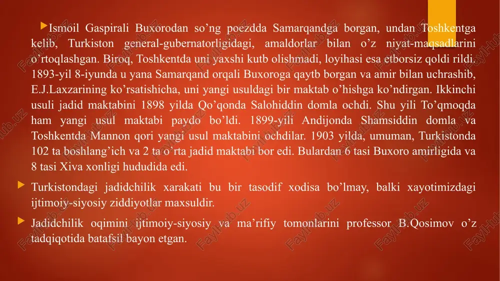 1905 yil to’ntarishi sodir bo’ldi. bu to’ntarishdan maqsad jamiyatni demakratlashtirish, sakkiz soatlik ish kunini joriy etish, dvoryanlar ixtiyoridagi katta yer-mulkni olib, dexqonlarga bo’lib berish va xokazolar edi. birinchi rus to’ntarishining bu dasturi bilan tanishgan markaziy osiyolik taraqiyparvar ziyolilar tatar qardoshlari ortidan borib, jadidchilik xarakatiga kelib qo’shildilar. 1907 yil eron burjua to’ntarishi, 1908 yil turkiya burjua to’ntarishi, markaziy osiyoda jadidchilik xarakatining rasmiylashuvi va kuchga kirishida katta axamiyat kasb etdi. ijtimoiy, iqtisodiy va madaniy islohotlar yo’li bilan xalq va jamiyat xayotini yaxshilashga, madaniy yuksaklikka olib chiqishga qaratilgan dasturni bajarishga kirishdilar. ular ta’sirida o’zbek zaminining boshqa go’shalarida xam jadidchilik xarakati avj oldi. jadidlar 1906 yildayoq «taraqiy» deb nomlangan gazeta nashr ettirib, o’z g’oyalarini tarqata boshladilar, oradan ko’p o’tmay, «xurshid», «shuxrat» singari yangi gazetalar dunyo yuzini ko’rdi. markaziy osiyoning turli shaxarlarida jadid maktablari bodroqdek ochilib, ularda diniy ilmlar bilan birgalikda dunyoviy bilimlar xam keng targ’ib qilindi. «jadidlar nima xaqida gapirishmasin, xammasi yangi nafas, yangi …