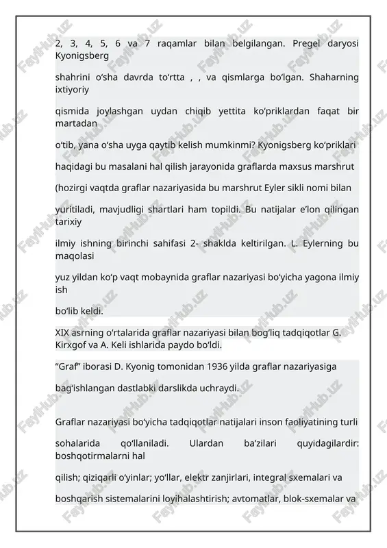 sa, u holda bu kortej (, ) ko‘rinishdagi juftliklardan2 tashkil topadi, bunda bo‘lishi hamda ixtiyoriy juftlik kortejda istalgancha marta qatnashishi mumkin. juftlikni tashkil etuvchi va uchlarning joylashish tartibidan bog‘liq holda, ya’ni yo‘nalishning borligi yoki yo‘qligiga qarab, uni turlicha atash mumkin. agar juftlik uchun uni tashkil etuvchilarning joylashish tartibi ahamiyatsiz, ya’ni bo‘lsa, juftlikka yo‘naltirilmagan (oriyentirlanmagan) qi rra (yoki, qisqacha, qirra) deyiladi. agar bu tartib muhim, ya’ni bo‘lsa, u holda juftlikka yoy yoki yo‘naltirilgan (oriyentirlangan) qirra deyila di. kortejning tarkibiga qarab, uni yo grafning qirralari korteji, yo yoylari korteji, yoki qirralari va yoylari korteji deb ataymiz. agar grafning uchlar to‘plamini o‘zaro kesishmaydigan shunday ikkita qism to‘plamlarga (bo‘laklarga) ajratish mumkin bo‘lsaki, grafning ixtiyoriy qirrasi bu to‘plamlarning biridan olingan qandaydir uchni ikkinchi to‘plamdan olingan biror uch bilan tutashtiradigan bo‘lsa, u holda bunday graf ikki bo‘lakli graf (bixromatik yoki kyonig grafi) deb ataladi. ta’rifdan ko‘rinib turibdiki, ikki bo‘lakli grafning har bir bo‘lagidagi ixtiyoriy ikkita uchlar …