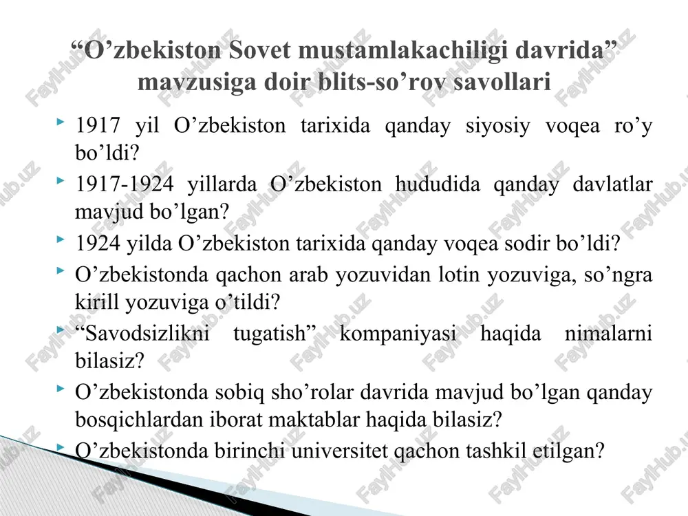 ivojlangan darajasiga o’tish xaddan tashqari katta qiyinchiliklarni yengish bilan bog’liq bo’lib, keskin mafkuraviy kurash bilan birgalikda davom etib bordi. shunday bo’lsada, madaniyatni yangidan qurish jarayonlari tobora ustuvor tus oldi. maktablarning pedagogik kadrlarga bo’lgan ehtiyojlarini qondirish uchun pedagogika o’quv yurtlarining keng tarmogi yaratildi: texnikumlar, maorif institutlari, o’quv yurtlari ochildi. 20-yillarning oxirlariga kelib ularning soni respublikada deyarli 5,5 mingtaga etib qoldi. xalq maorifi rivojlanib bordi. 1924-1945 yillarda ta’lim va pedagogika fani 20-yillarning ikkinchi yarmida o’rta maxsus va oliy ma’lumotli kadrlar tayyorlaydigan turli o’quv yurtlari ochildi. pedagogik akademiya bazasida 1933 yili samarqandda o’zbekiston davlat universiteti (hozirgi samdu) barpo etildi. 30-yillarning oxirlarida respublikada 44 ming talaba o’qiydigan 30 ta oliy o’quv yurtlari va 98 ta texnikumlar ishlab turdi. 20-30-yillarda xotin-qizlarning savodini chiqarishga katta e’tibor berildi, ayollarning savodsizligini tugatish bo’yicha maxsus kurslar tashkil qilindi. 1926 yilda respublikadagi 82 ta savodsizlikni bitirish maktablarida 2700 xotin-qiz o’qigan bo’lsa, 1936 yilda 186 ming ayol savodini chiqargan. 1924-1945 yillarda …