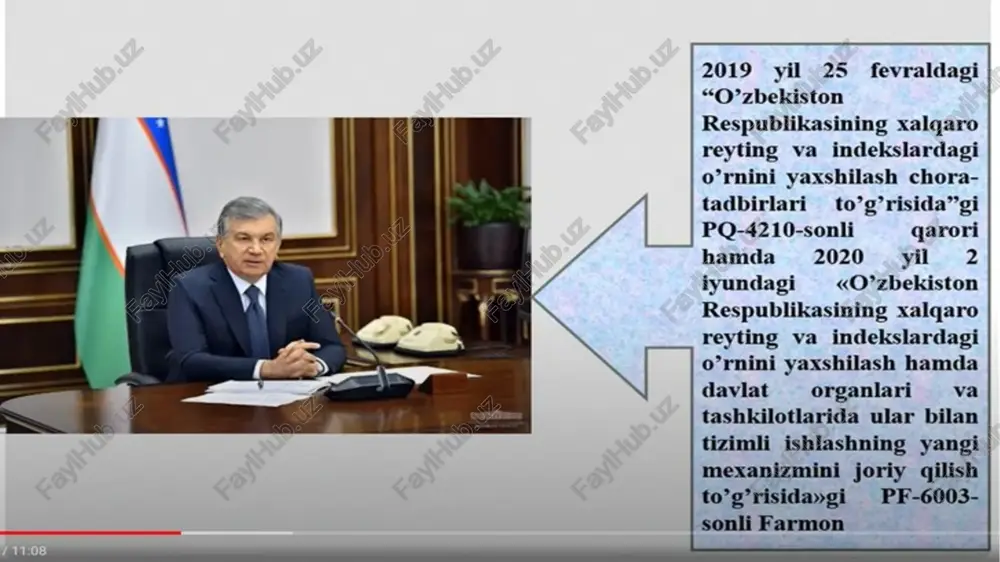 g va indekslardagi o’rnini yaxshilash hamda davlat organlari_—_va tashkilotlarida ular bilan tizimli ishlashning yangi mexanizmini joriy qilish to’g’risidaygi pf-6003- sonli farmon xalqaro reyting va indekslarni yurituvchi xalqaro va xorijiy tashkilotlarning aksariyati bilan hamkorlik alogalari o’rnatildi. jumladan, jahon banki, birlashgan millatlar tashkiloti, birlashgan millatlar tashkilotining taraqqiyot dasturi, iqtisodiy hamkorlik va taraqqiyot tashkiloti, jahon iqtisodiy forumi, xalqaro byudjet hamkorligi, insead xalqaro biznes- maktabi va economist intelligence unit kabi xalqaro reyting agentliklari va tashkilotlari bilan rasmiy aloqalar yo’lga qo’yildi. respublikasining xalqaro reyting va indekslardagi o'rni va nufuzini ortib borishi g reyting va indekslar bo’yicha samaradorlikning eng muhim ko’satkichlarini oshirish borasida olib borilayotgan chora- tadbirlar. 2019 yilning sentyabr oyida jahon bankining boshgqaruvy sifati indikatorlarining 2018 yil uchun e’lon qilgan hisobotida o’zbekiston respublikasi bir qator indikatorlardan yaxshilanganligini ma’lum bo’ldi. xususan, «korrupsiyani nazorat qilish» indeksida 1 pog’onaga, «hukumat samaradorligi» indeksida 3 pog’onaga, «normativ sifat» indeksida 7 pog’onaga, «qonun ustuvorligi» indeksida 4 pog’onaga, «so’z erkinligi va hisobdorlik» …