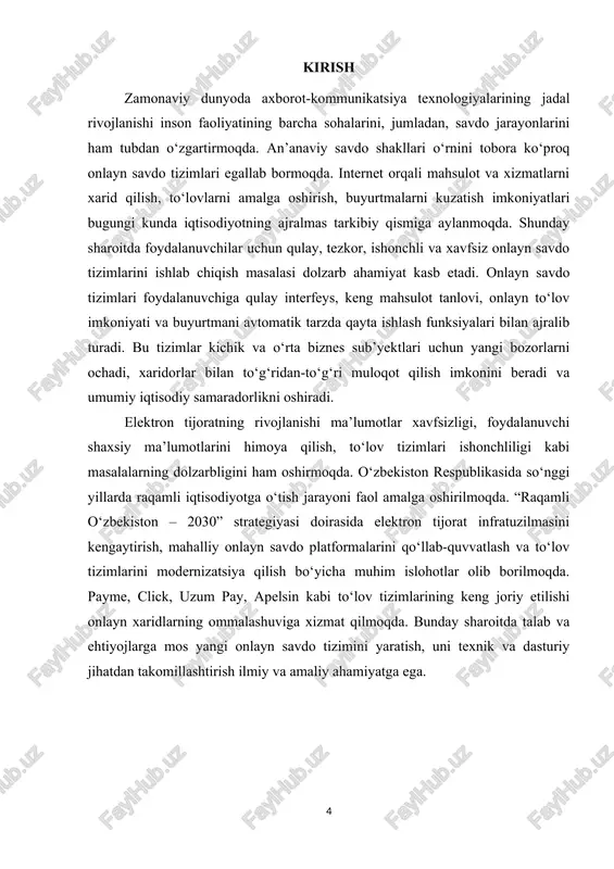lgan tizimning ishlash samaradorligini tahlil qilish va sinovdan o‘tkazish; — olingan natijalar asosida xulosa va amaliy tavsiyalar ishlab chiqish. kurs ishining obyekti — zamonaviy axborot texnologiyalari asosida yaratilgan onlayn savdo tizimlari va ularning ishlash jarayonidir. ya’ni, internet orqali tovar va xizmatlarni sotish, xaridor bilan muloqot qilish, buyurtmalarni boshqarish hamda to‘lovlarni amalga oshirishni ta’minlovchi elektron platformalar kurs ishining tadqiqot obyekti sifatida qaraladi. kurs ishining predmeti — onlayn savdo tizimini yaratishning texnik, dasturiy va tashkiliy jihatlari, ya’ni tizimni ishlab chiqish, ma’lumotlar bazasini loyihalash, foydalanuvchi interfeysini yaratish, xavfsizlikni ta’minlash va tizimni amaliyotda qo‘llash mexanizmlaridir. i bob. onlayn savdo tizimlarining nazariy va metodologik asoslari 1.1 elektron tijoratning mohiyati, vazifalari va zamonaviy iqtisodiyotdagi o‘rni elektron tijorat — bu axborot-kommunikatsiya texnologiyalari yordamida tovarlar va xizmatlarni internet orqali sotish va xarid qilish jarayoni bo‘lib, u zamonaviy iqtisodiyotning eng tez rivojlanayotgan yo‘nalishlaridan biridir. elektron tijoratning paydo bo‘lishi nafaqat savdo usullarini, balki butun iqtisodiy tizimning faoliyatini tubdan o‘zgartirdi. 1-rasm …