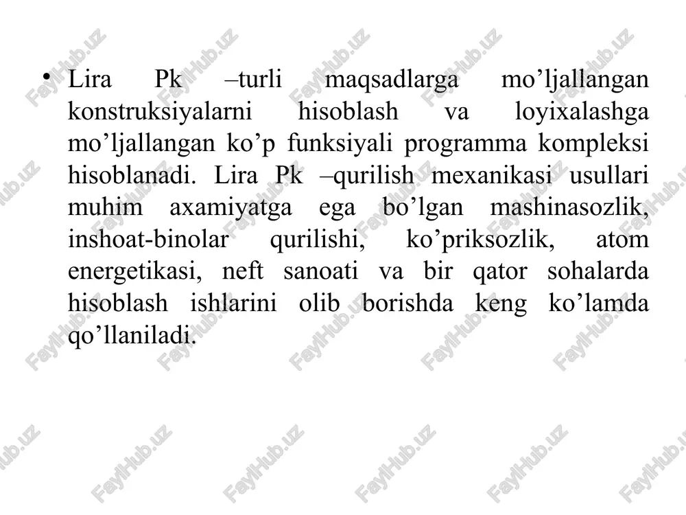 nishlar hisoblanadigan kesimlari sonini ko‘rsatish (o‘z xolicha qoldirilganda ikkita kesim- sterjen boshida va oxirida) uchun xizmat qiladi. superuzli (supertugunlar) menyu bandiga superelementlarning asosiy sxemaga ulanishiga yordam beradigan tugunlarni tayinlash operatsiyasini bajaruvchi buyruqlar joylashtirilgan. jetkosti bu menyu bandi tarkibi hisob sxemasi elementlariga qabul qilingan element tiplari uchun talab qilinadigan bikrlik xarakteristikalarini kiritish imkoniyatini beruvchi buyruqlardan iborat. jestkosti elementov (elementlar bikrliklari) buyrug‘i bikrlik xarakteristikalari bibliotekasidan talab qilingan bikrlik tiplarini (ko‘rsatkichlarini) tanlash va ularni sxemaning chekli elementlariga tayinlash uchun mo‘ljallangan. lira-ks (kesim konstruktori) buyrug‘i konstruksiya elementlarining nostandart kesimlarini shakllantirish va ularning bikrlik xarakteristikalarini hisoblash maqsadida amalga oshirilgan. konstruktor tonkostennix secheniy (lir-kts) (yupqa devorli kesimlar konstruktori) buyrug‘i lir-kts – konstruksiyaning nostandart yupqa devorli kesimlari geometriyasini shakllantiruvchi va ularning bikrlik xarakteristikalarini hisoblovchi sistemani chaqirish uchun xizmat qiladi. uchinchi guruhdagi jestkiye vstavki (bikr kiritmalar) buyrug‘i, elementlarning hisob sxemasi tugunlariga mahkamlanishini to‘g‘ri modellashtirish uchun zarur bo‘ladigan sterjen elementlari uchlaridagi absolyut bikr qisimlarni kiritish imkoniyatini beradi. sharniri (sharnirlar) …