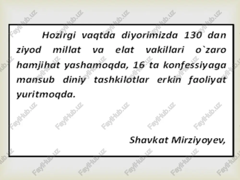a konfessiyalarning bir-birlariga o‘zaro hurmat bilan qarashi barcha din vakillarining hamkorligi va hamjihatligi diniy partiyalar tuzishga yo‘l qo‘ymasligi e’tiqod erkinligi turli din va konfessiyalarning teng huquqligi diniy – ma’naviy qadriyatlarni e’zozlash diniy qarashlarni majburan singdirishga yo‘l qo`ymaslik barcha dindorlarning siyosiy jarayonlarda teng, fuqaro sifatida ishtrok etishi  1992-yili vazirlar mahkamasining “o`zbekiston respublikasi vazirlar mahkamasi huzuridagi din ishlari bo‘yicha qo‘mita tashkil etish to‘g‘risida”gi qarori qabul qilindi. vazirlar mahkamasining “bahouddin naqshband tavalludining 675 yilligiga tayyorgarlik ko`rish va uni o‘tkazish haqida”gi qarori qabul qilindi. 1995- y. vazirlar mahkamasining “az-zamaxshariyning 920 yilligi va najmiddin kubroning 850 yilligi o`tkazish” bo`yicha farmoyish chiqdi. 1996- y. toshkentda evangel-xristian cherkovining 100 yilligi nishonlandi. nemis evangel-lyuteranlar cherkovining (kirxasi)ning 100 yilligi nishonlandi. 1997- y. vazirlar mahkamasining “imom al-buxoriy tavalludining 1225 yilligini nishonlash to`g`risida”gi qarori qabul qilindi.  2017-2018 yillarda: o‘zbekiston prezidentining 2017- yil 14- fevraldagi qarori bilan “imom termiziy xalqaro ilmiy-tadqiqot markazi” tashkil etildi. o‘zbekiston respublikasining 2017- yil 19- maydagi …