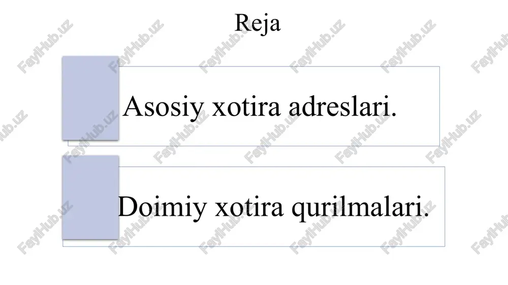 ki pc (program counter) deb nomlanuvchi registri, tartib bo‘yicha bajarilishi kerak bo‘lgan buyruq adresini ko‘rsatish uchun ishlatiladi. ushbu registr buyruqlar sanagichi yoki buyruqlar ko‘rsatgichi deb nomlanadi. pc registrida yozilgan adres, ya’ni navbatdagi bajarilishi kerak bo‘lgan buyruqning adresi, protsessorning adres shinasi yordamida asosiy xotira bilan bog‘lanuvchi porti - adres registri orqali xotiraning, xotira adresi registriga uzatiladi. shundan so‘ng xotiraning ma’lumotlar registriga ushbu adres bo‘yicha yozilgan ma’lumot chiqariladi. bu ma’lumot, ma’lumotlar shinasi orqali protsessorning registrlaridan biriga, masalan akkumulyatorga, ya’ni a registriga kelib tushadi. figure 4. basic to memory appeal to do process _ 4-rasm. asosiy xotiraga murojaat qilish jarayoni. modern on computers basic to memory appeal to do two kind of mode available (figure 5): 1. real mode - 1 mbytes until which was basic memory for this _ regime computer ms dos operation in the system worked during used . now this is ms dos operating system emulation in doing used …