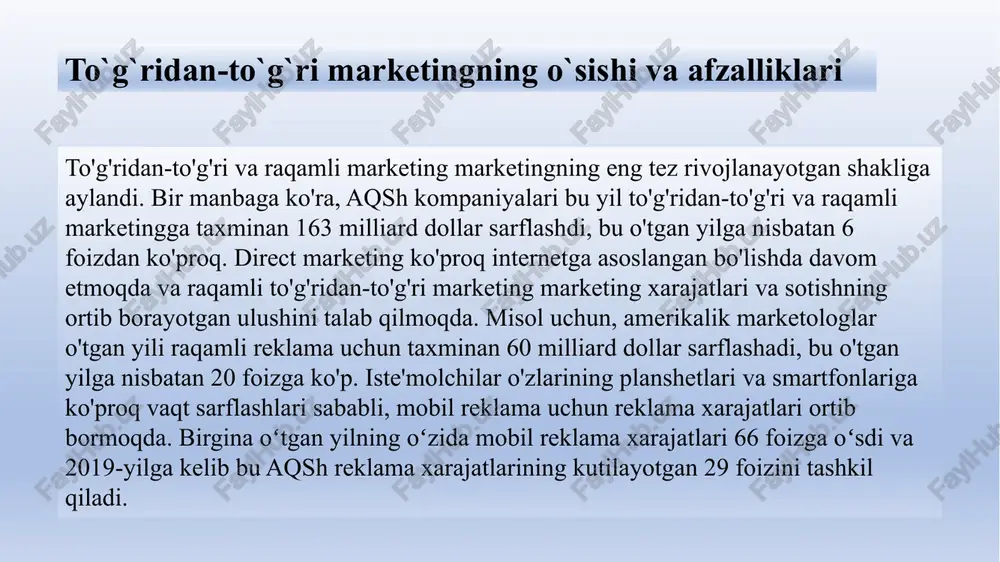 misol uchun, hyundai kabi avtomobil kompaniyalari marketing veb-saytlari bilan ishlaydi. potensial mijoz hyundai saytiga kirgandan so'ng, avtomobil ishlab chiqaruvchisi so'rovni sotuvga, keyin esa uzoq muddatli munosabatlarga aylantirishga vaqt sarflamaydi. sayt reklama xabari bilan ochiladi, so'ngra foydali ma'lumotlar va interaktiv savdo xususiyatlariga to'la garaj, jumladan, joriy hyundai modellarining batafsil tavsiflari ma`lumotlarni taklif etadi. veb-saytlar bundan farqli o'laroq, brend hamjamiyatining veb-saytlari mahsulotlarni sotishdan ko'ra ko'proq narsani amalga oshiradi. buning o'rniga, ularning asosiy maqsadi iste'molchilarni jalb qiladigan va mijozlar-brend hamjamiyatini yaratadigan brend kontentini taqdim etishdir. bunday saytlar, odatda, xaridorlar bilan yaqinroq munosabatlarni o'rnatadigan va brend va uning mijozlari o'rtasida aloqa o'rnatadigan turli xil brend ma'lumotlari, videolar, bloglar, faoliyatlar va boshqa xususiyatlarni taklif etadi. misol uchun, sephora's beauty talk saytida tashrif buyuruvchilar go'zallik mahsulotlarini o'rganish va kashf qilish, fotosuratlar va havolalarni joylashtirish va boshqa a'zolardan ma'lumot va maslahatlar bilan muhokama qilish uchun o'xshash odamlar bilan muloqot qilishlari mumkin. brend hamjamiyatining veb-sayti iste'molchilar onlaynda ko'proq …