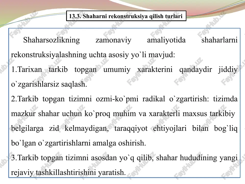 vvur etilishi lozim. dinamiklik, murakkablik, nojinslik va makonda muttasillik-shaharning benazir hossalaridir va bu uning me’moriy obektlarning boshqa turlaridan me’moriy va shaharsozlik obekti sifatidagi farqidir. shunday qilib shaharsozlikning murakkab va dolzarb muammolaridan biri zamonaviy tarixan shakllangan shaharning rejaviy tizimini rivojlantirish va qayta o’zgartirishni boshqarish muammosi bo’lib qoladi. shaharlarni rekonstruktsiyalash bu qarama-qarshiliklarni yechishning tarix taqozosiga ko’ra doimiy harakatdagi obektiv jarayondir. zero ijtimoiy-texnik taraqqiyotning talablariga ko’ra butun moddiy hayot muhitining birin-ketin o’zgarishi bilan bog’liq bo’lgan shakllanish, shahar tizimining va uni tashkil etuvchi ayrim elementlaridagi qarama- qarshiliklarni ifodalaydi. bu jarayon mavjud bunyod etilgan tizim asosida, yangi jamiyatning hozirgi zamondagi emas, balki istiqboldagi talabini ham ta’minlashga qodir maqsadga muvofiqroq bir ajoyib tuzilma sifatida namoyon bo’ladi zamonaviy shaharsozlikda "rekonstruktsiya" atamasi ikki xil ma’noga ega. bir tarafdan, bu jarayon shaharning, xususan uning ayrim unsurlarining muttasil rivojlanishi, yangilanishi, qiyofasining o’zgarishi va fazoviy rejaviy tashkillanishini modernizatsiyasi bo’lsa, ikkinchidan rekonstruktsiya shaharning rivojlanishini ta’minlovchi qurol sifatida ko’rinadi. shahar rivojlanishining har bir …